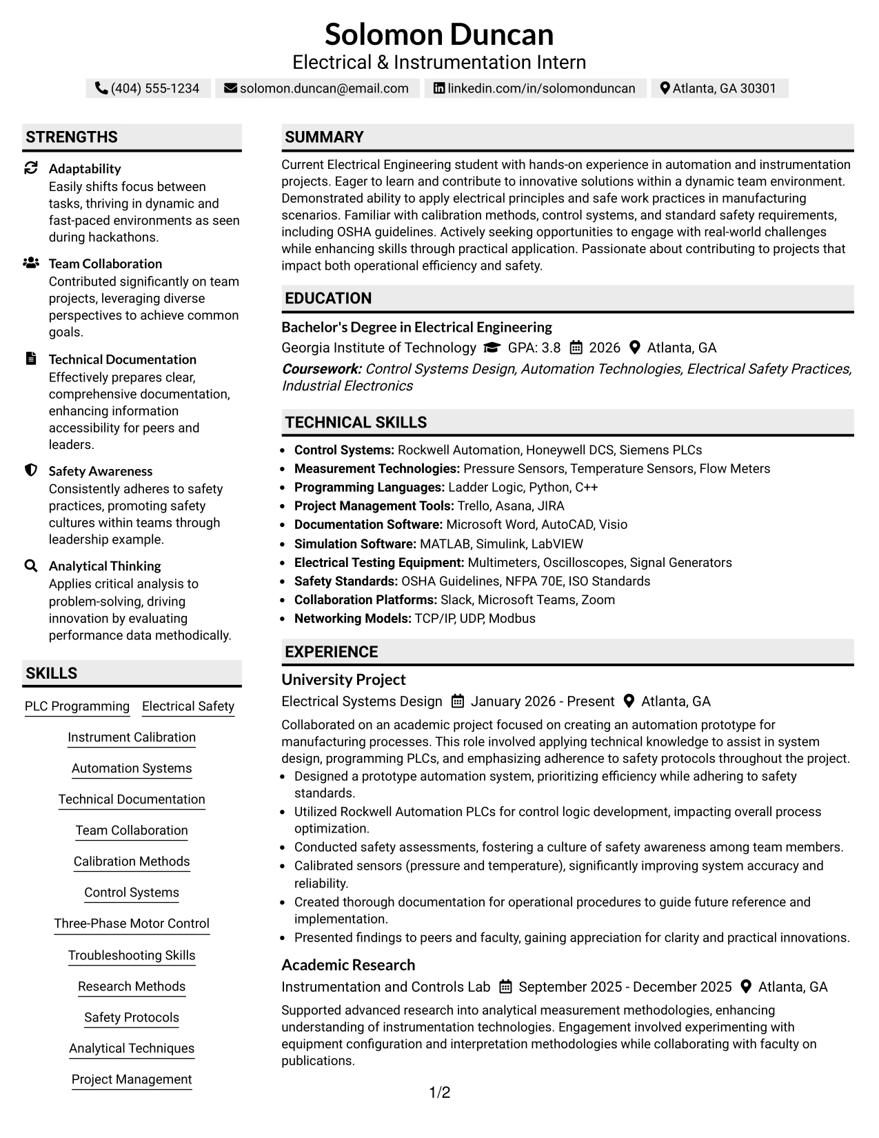 Resume Example Page 1