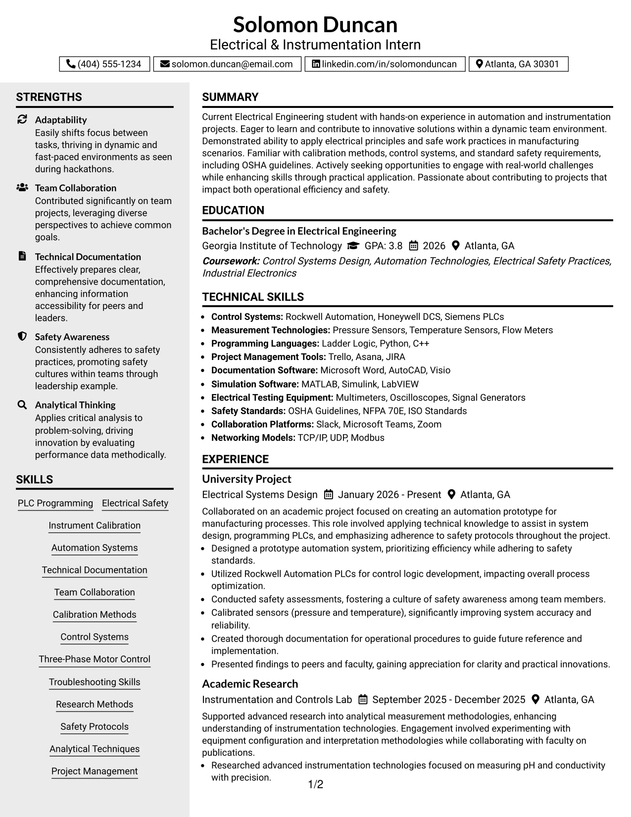Resume Example Page 1