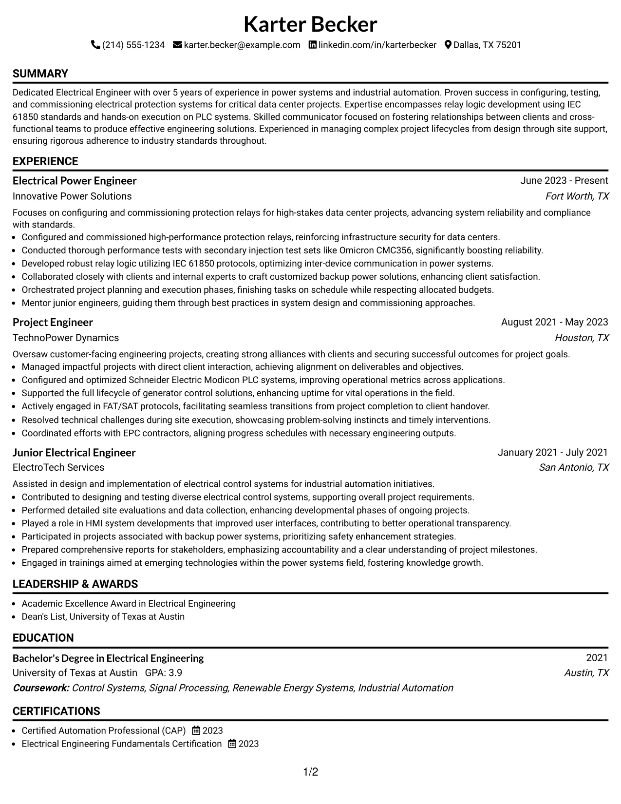 Resume Example Page 1