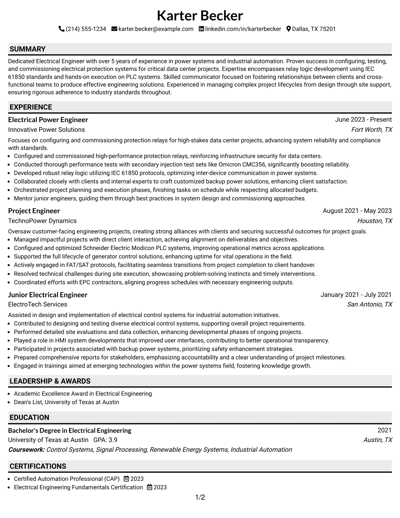 Resume Example Page 1