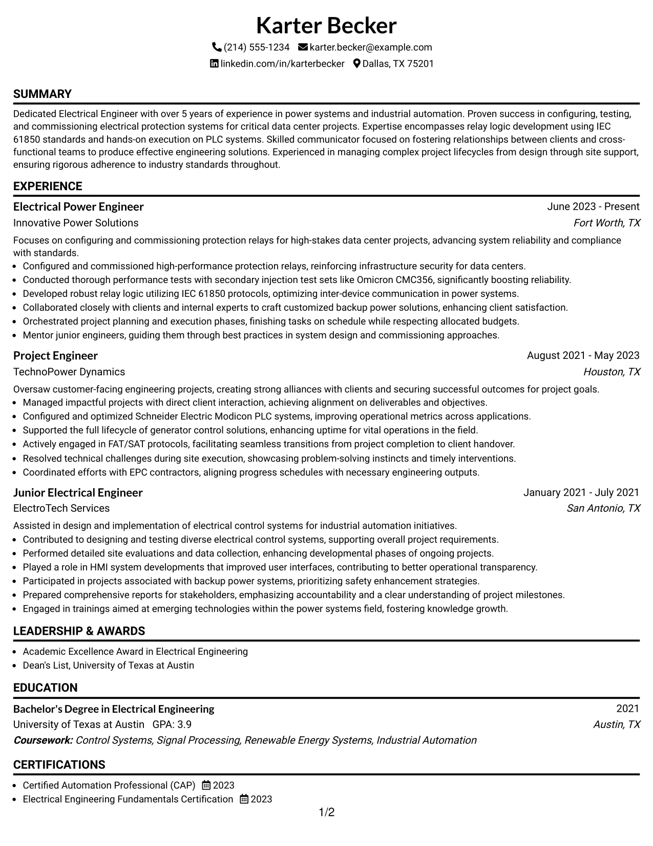 Resume Example Page 1