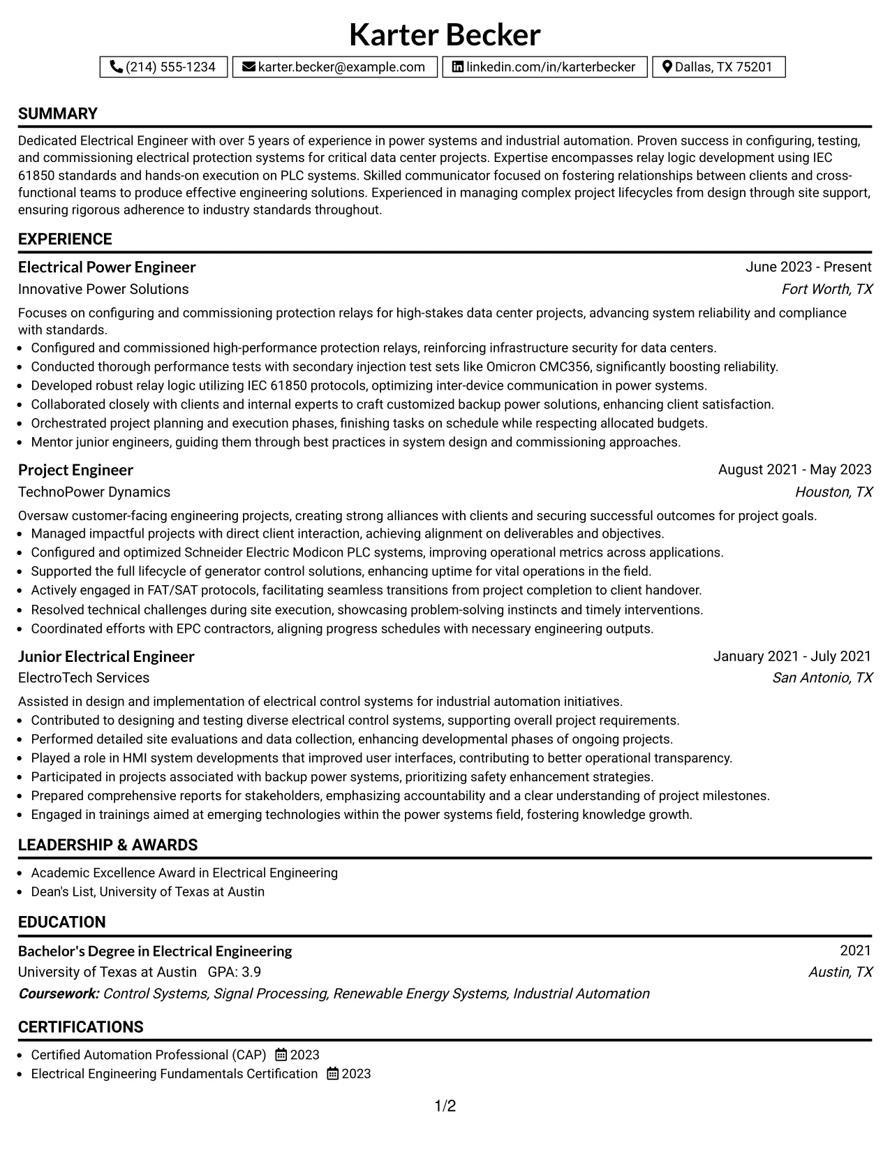Resume Example Page 1