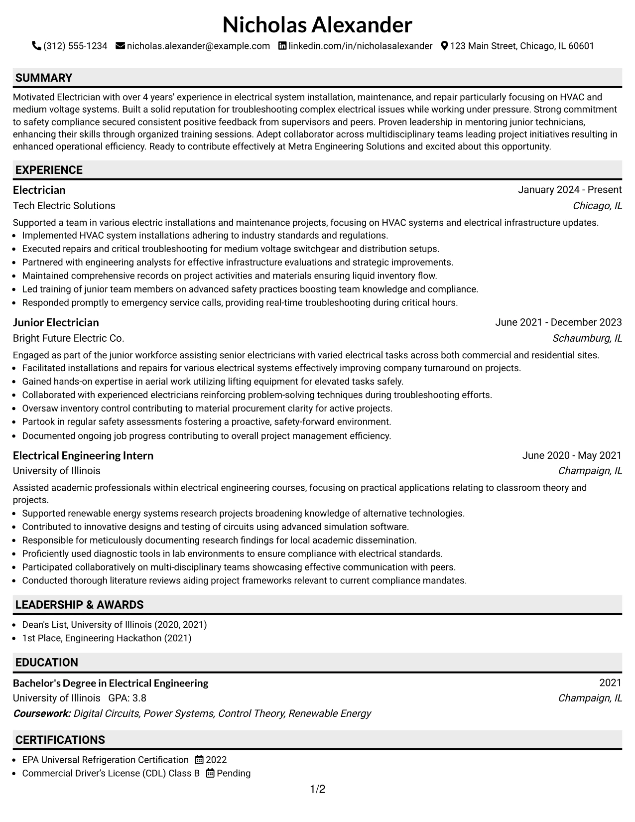 Resume Example Page 1