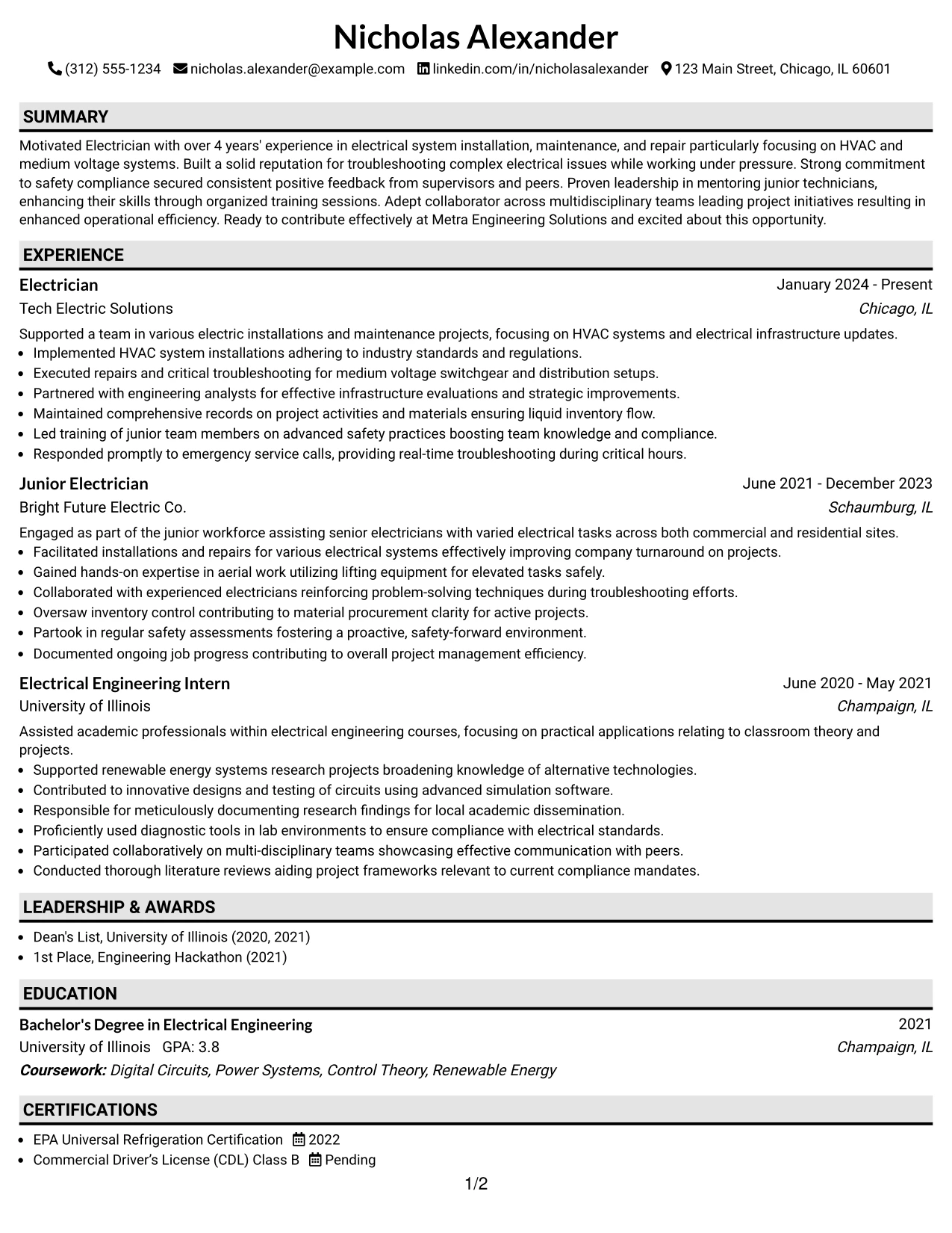Resume Example Page 1