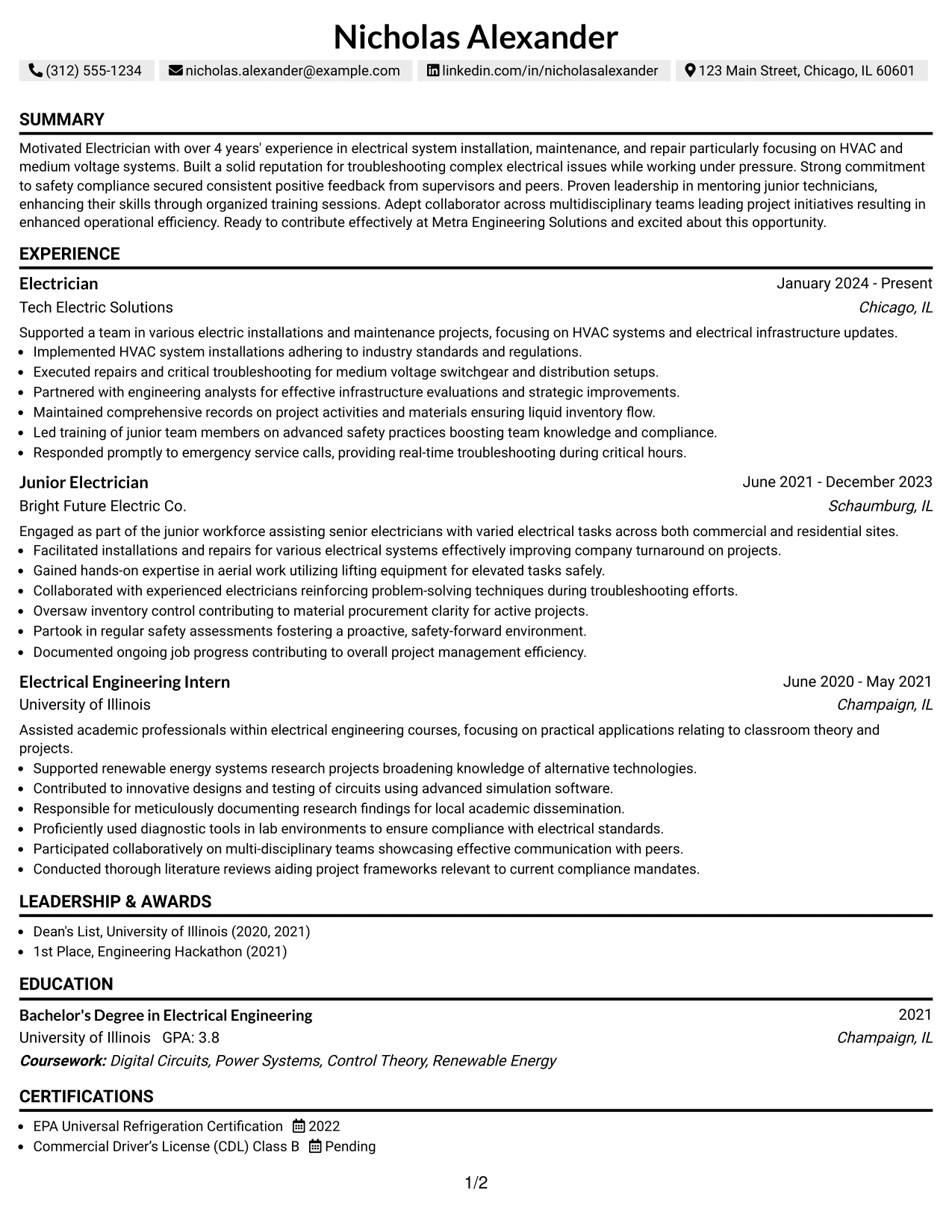 Resume Example Page 1