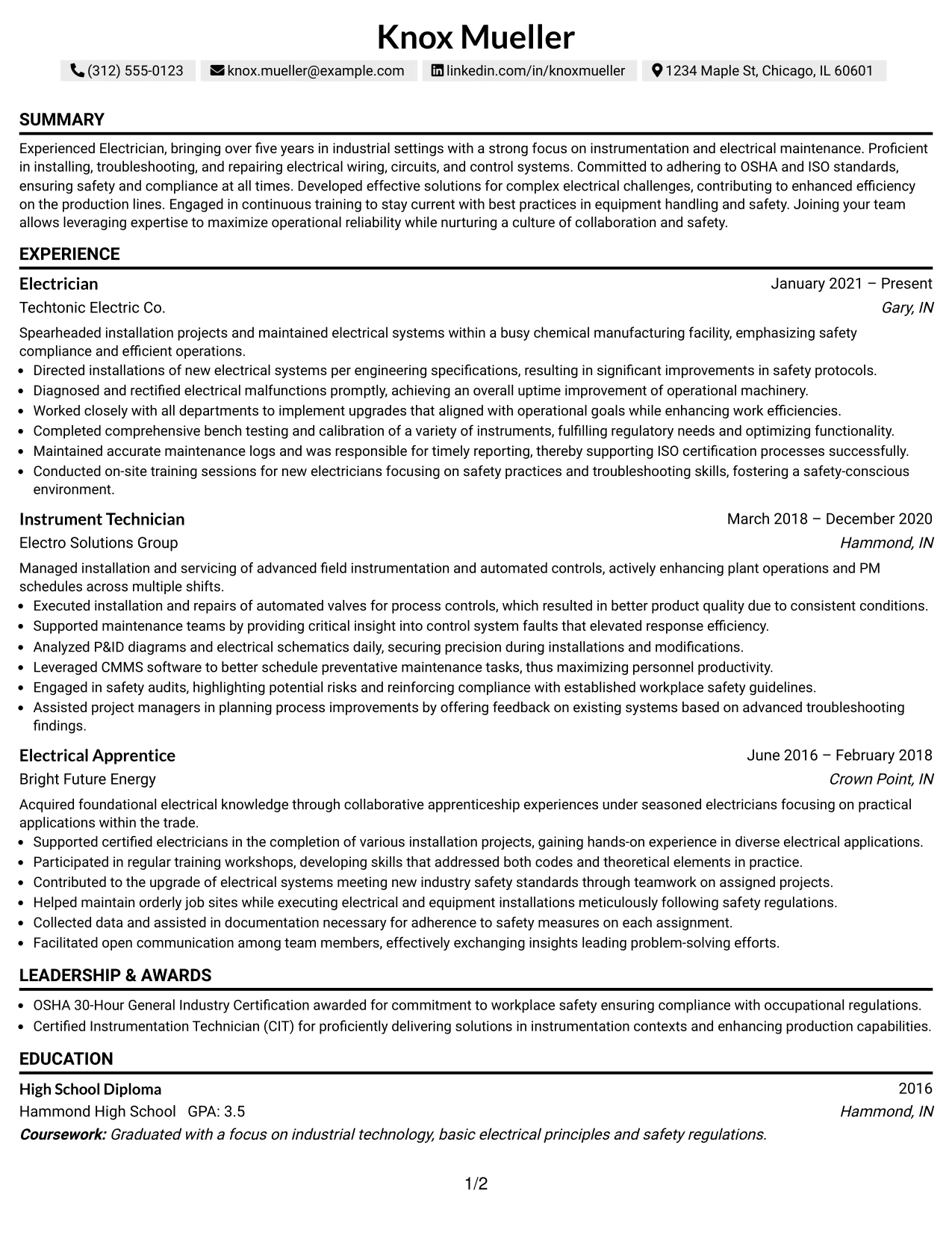 Resume Example Page 1