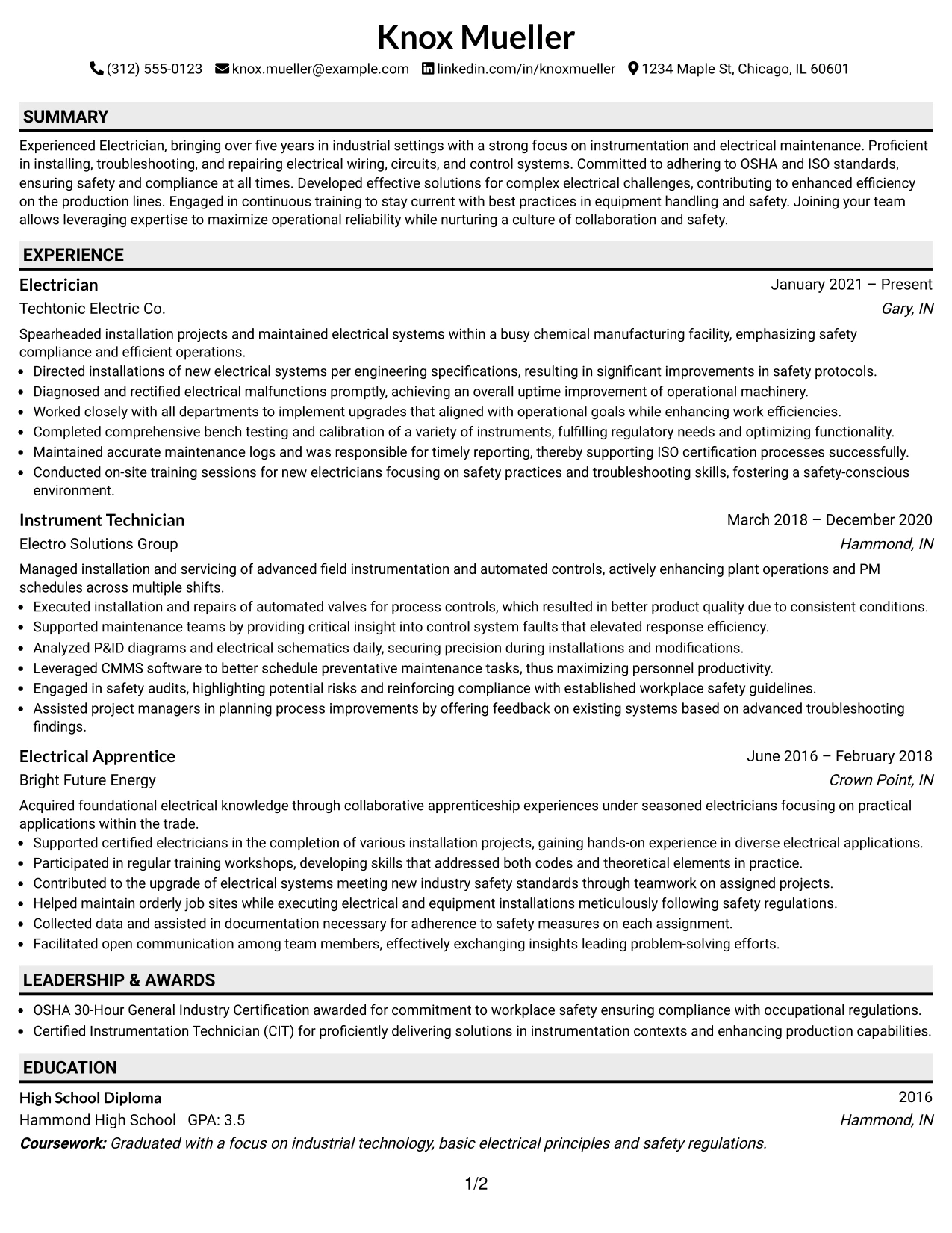 Resume Example Page 1