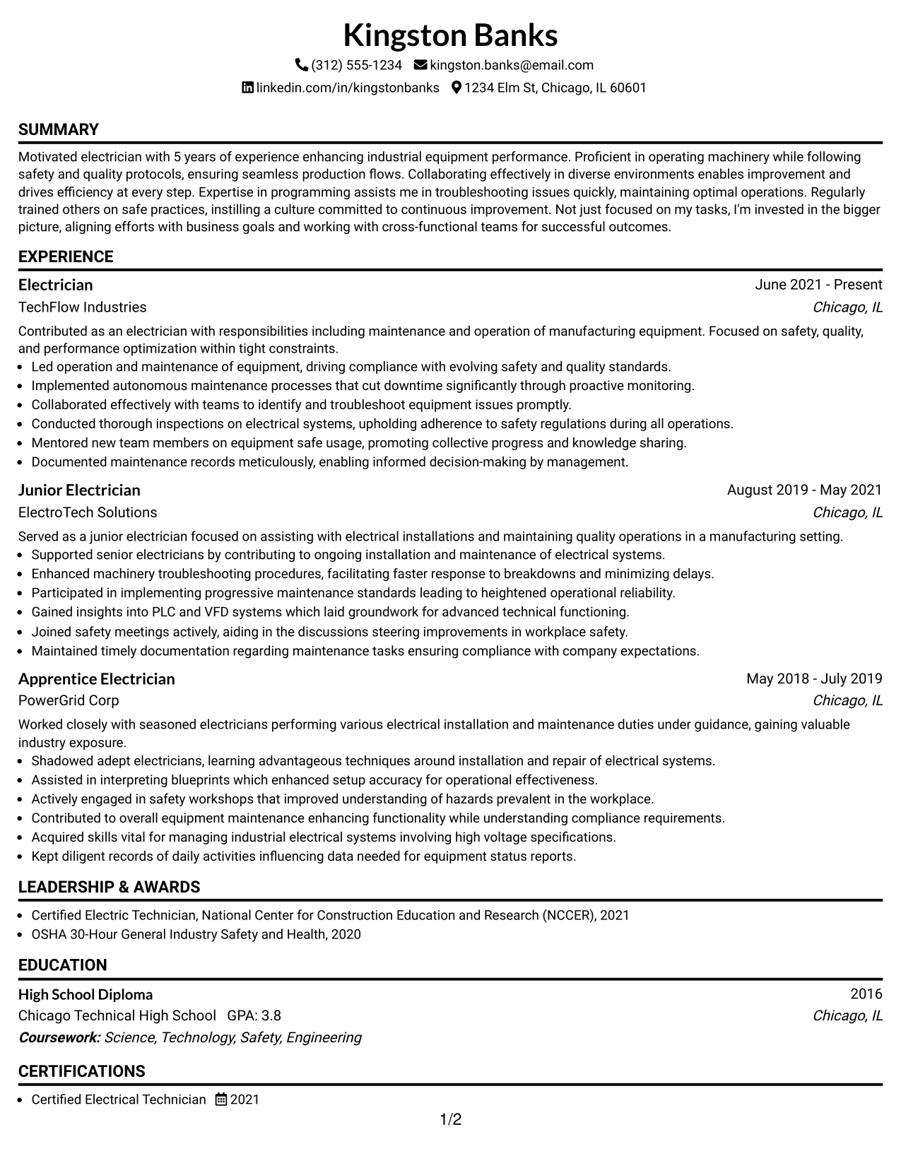Resume Example Page 1