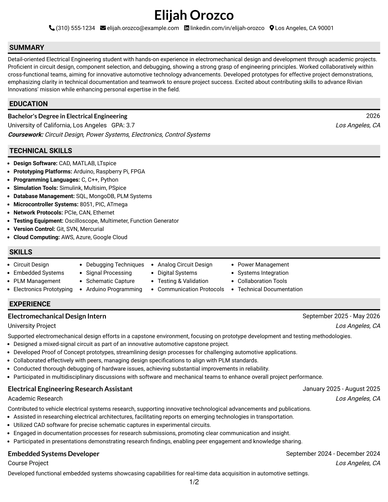 Resume Example Page 1