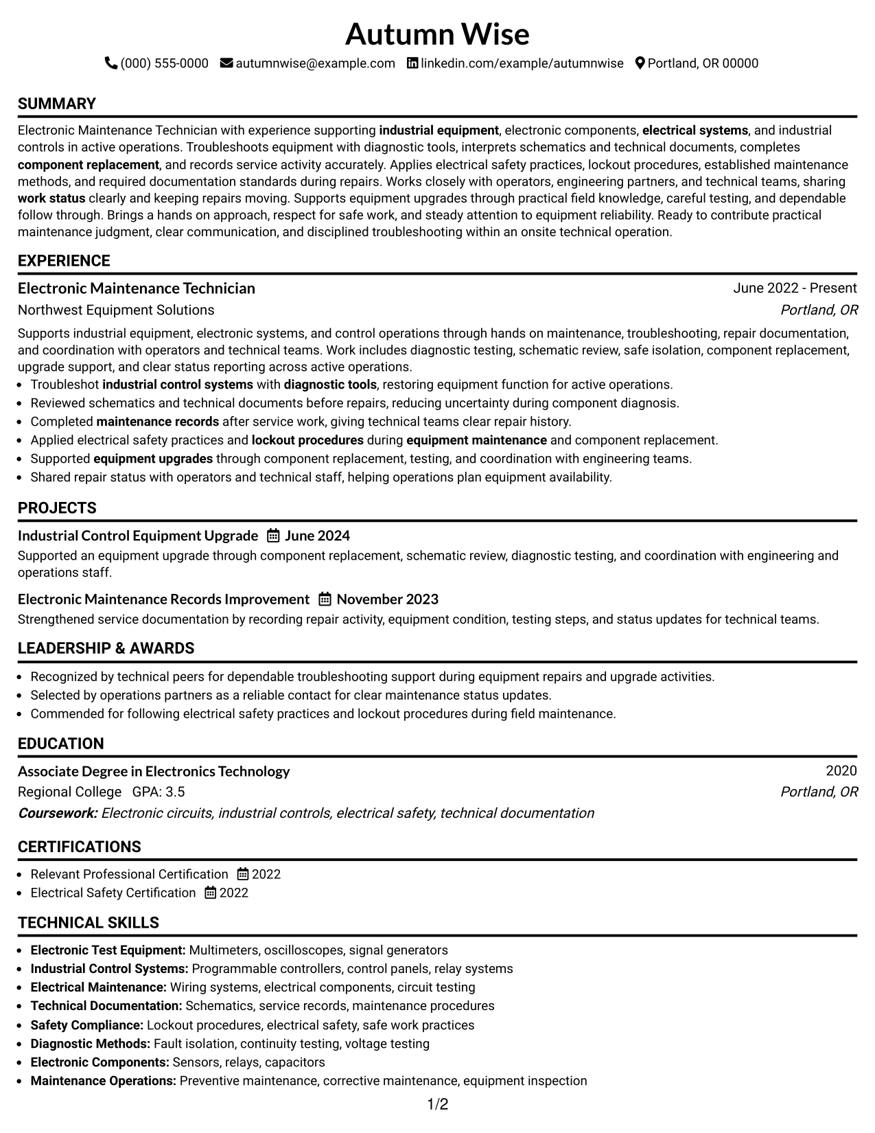 Resume Example Page 1