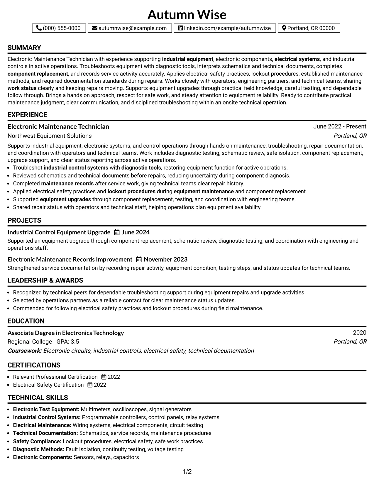 Resume Example Page 1