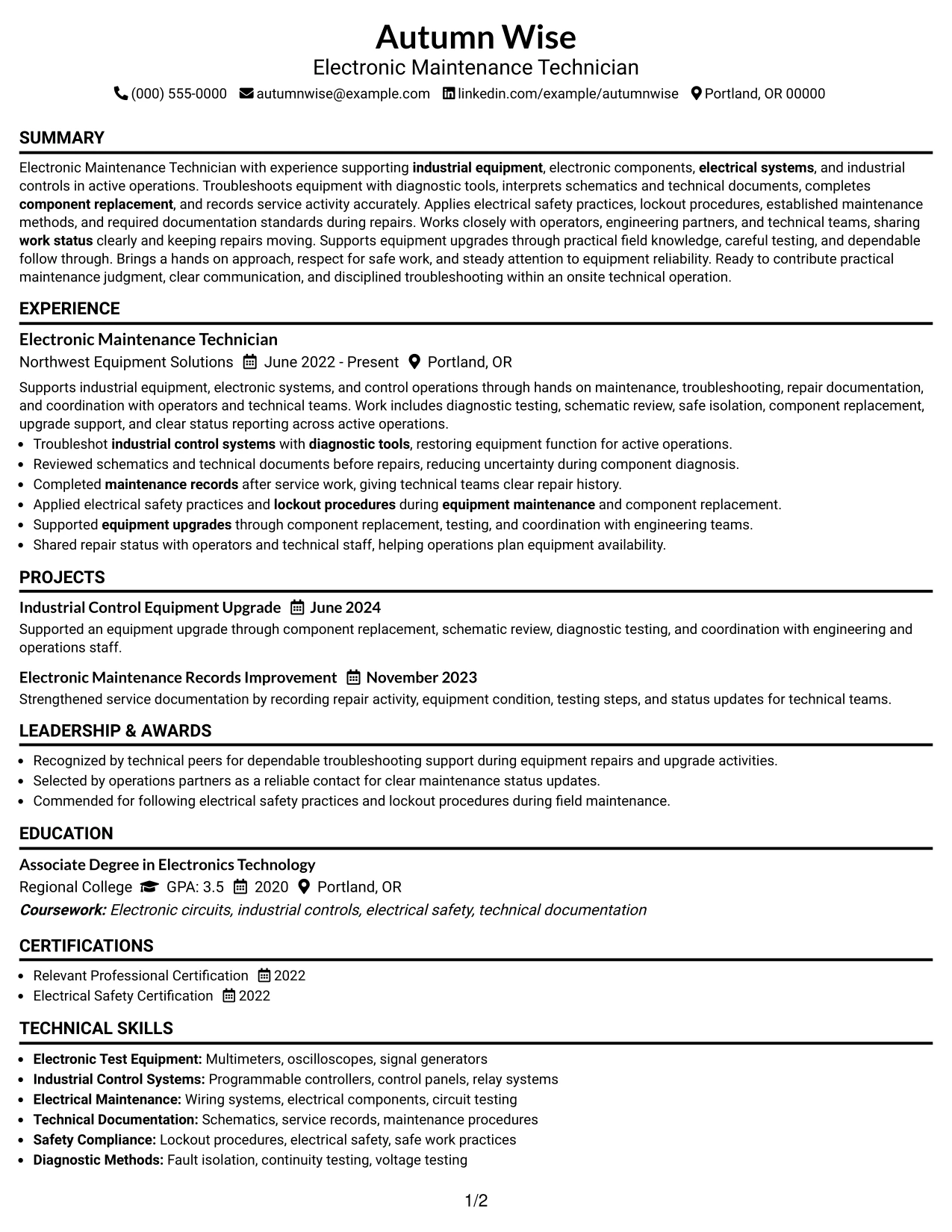 Resume Example Page 1