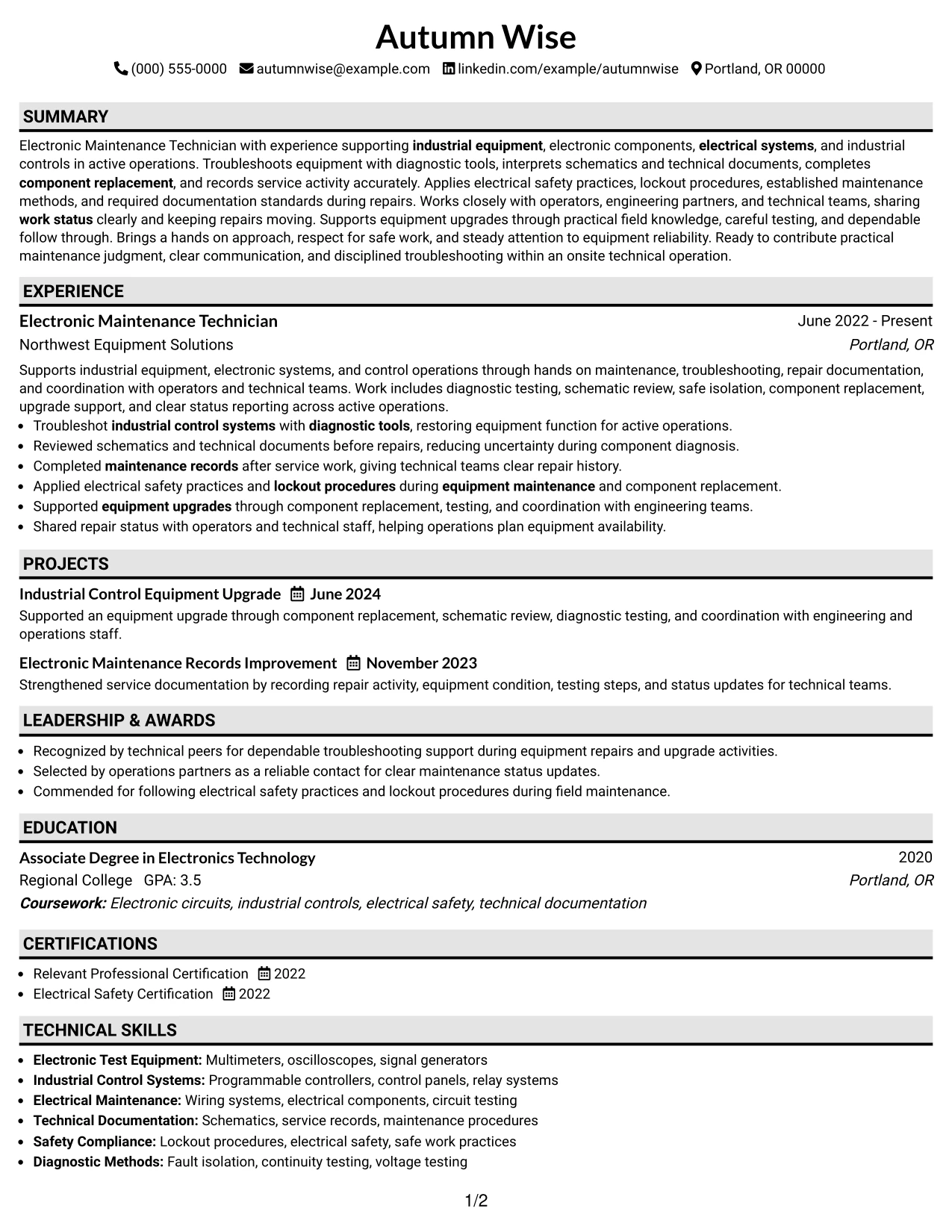 Resume Example Page 1