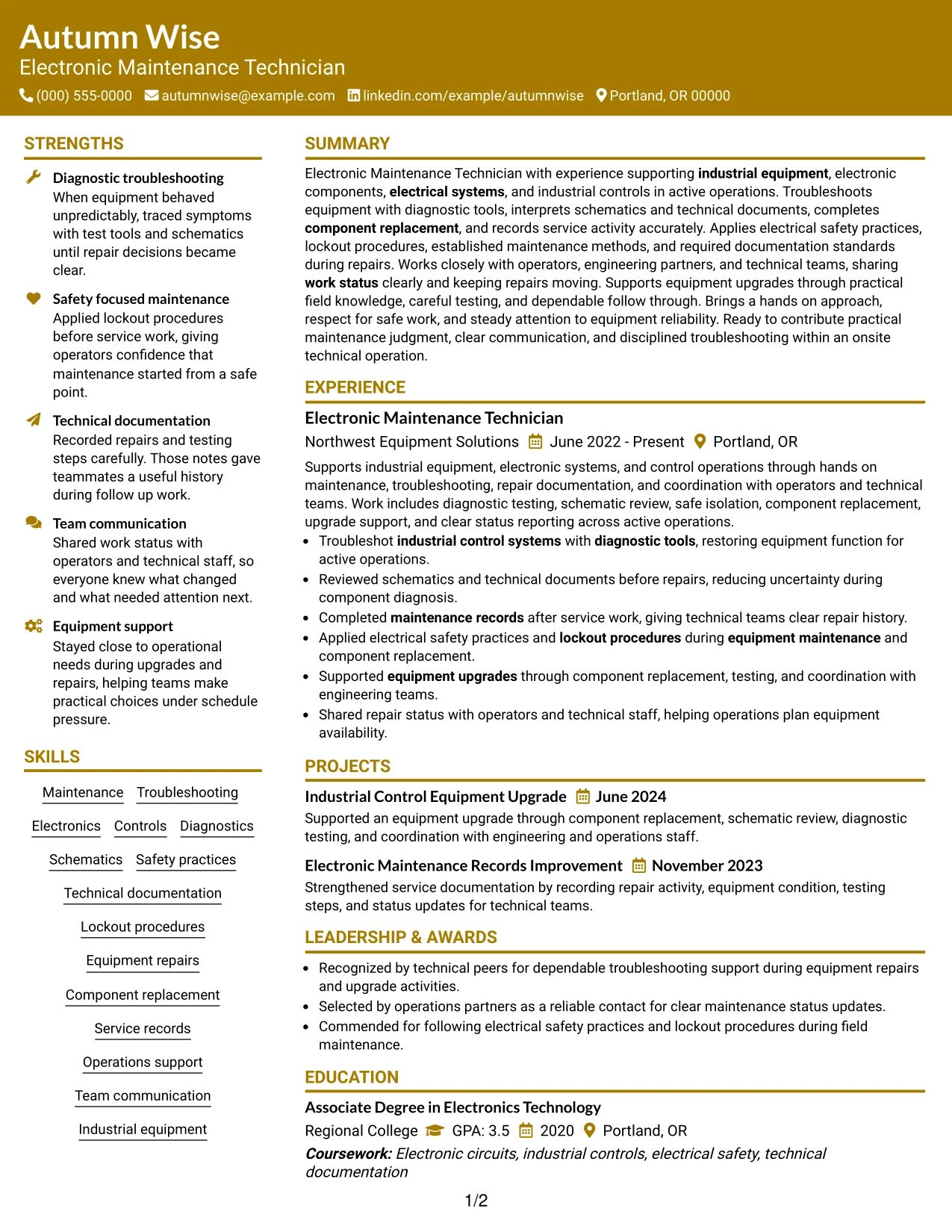 Resume Example Page 1