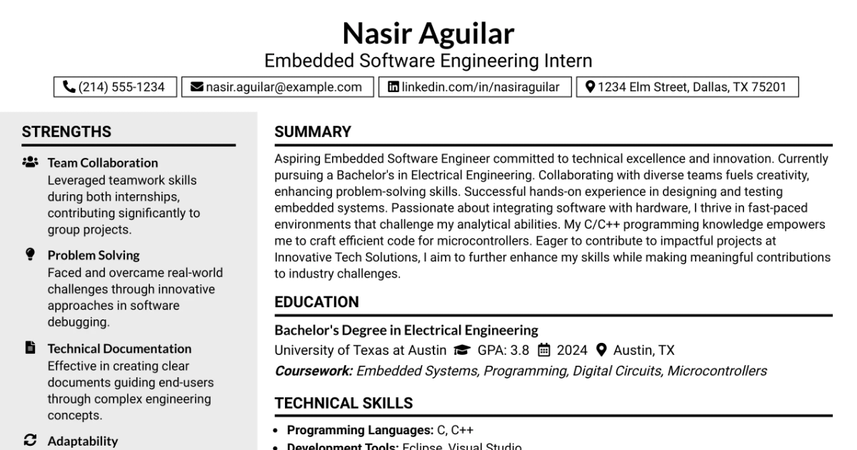 33 Embedded Software Engineering Intern Resume Templates with Example