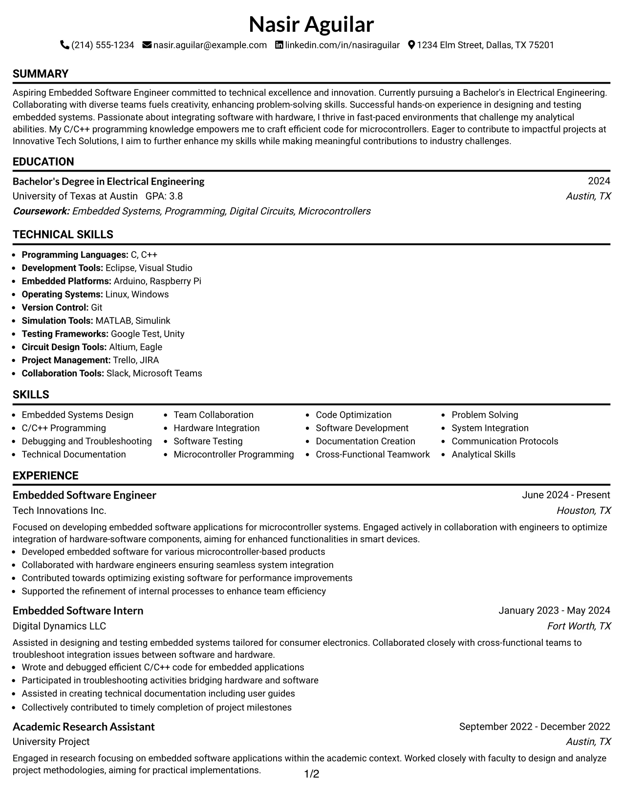 Resume Example Page 1