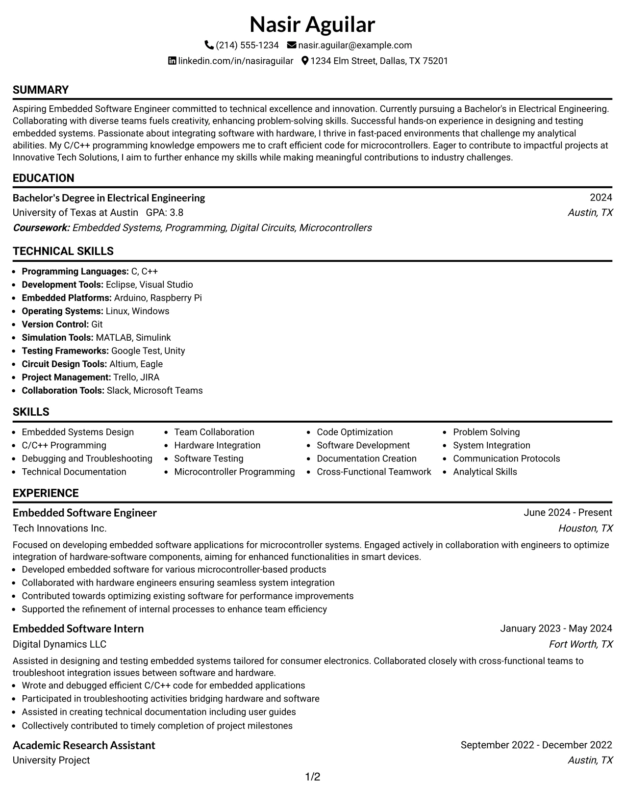 Resume Example Page 1