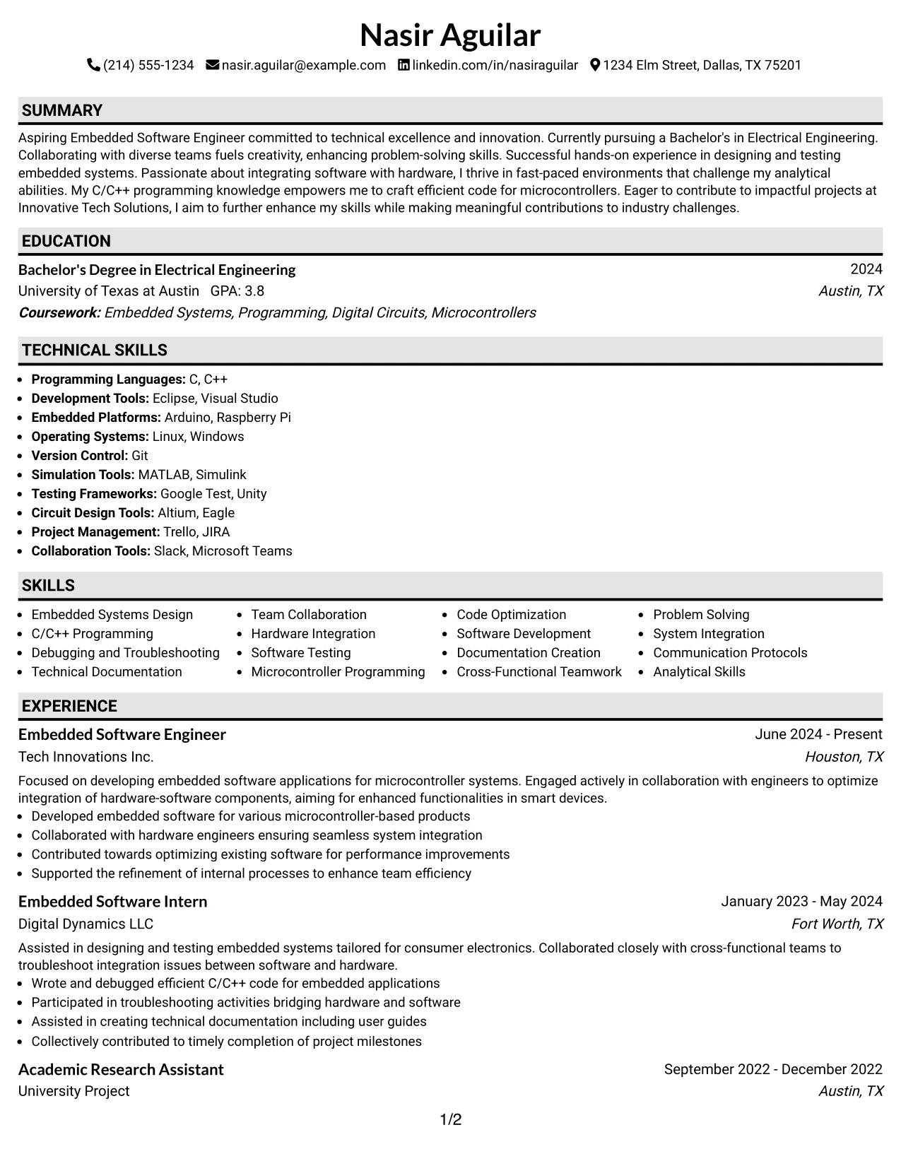Resume Example Page 1
