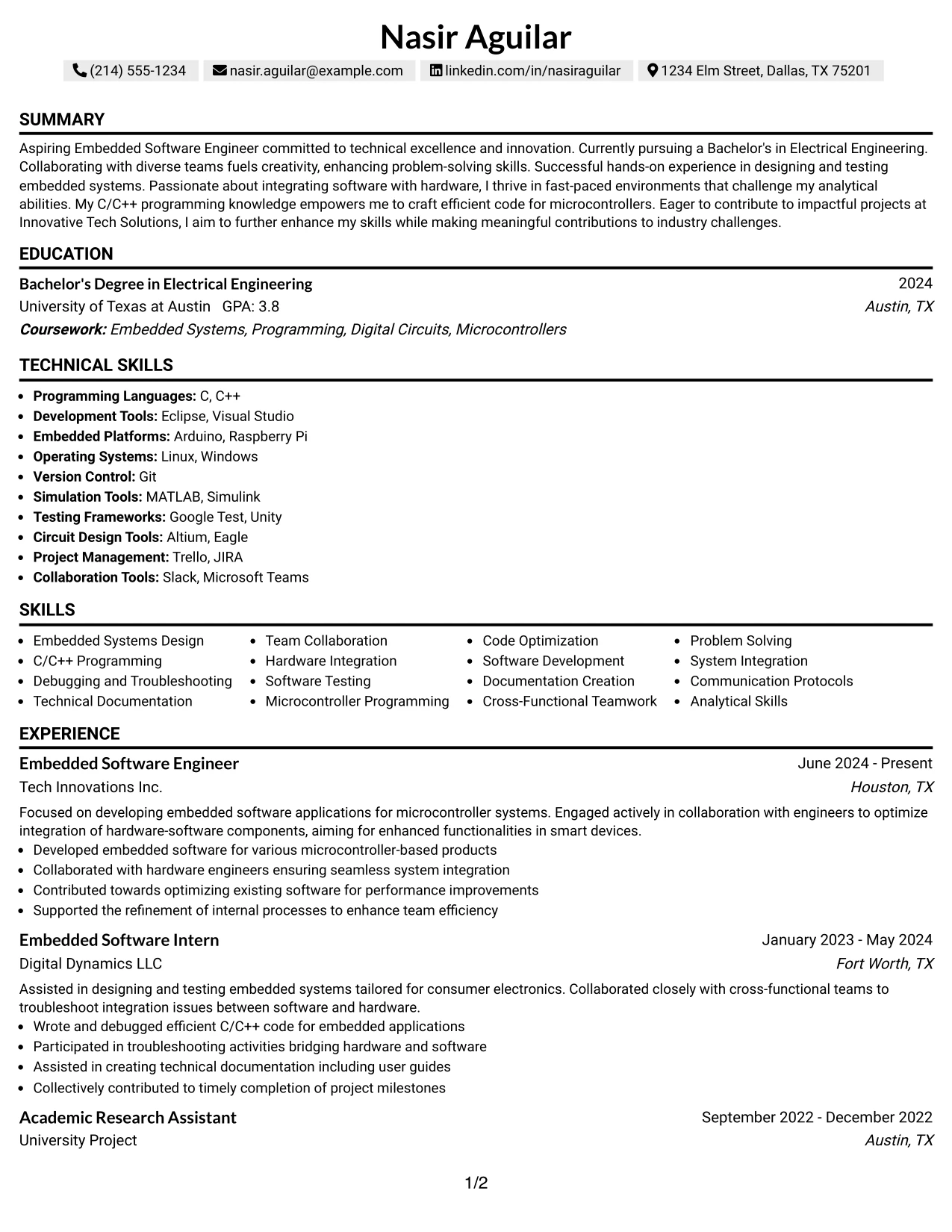 Resume Example Page 1