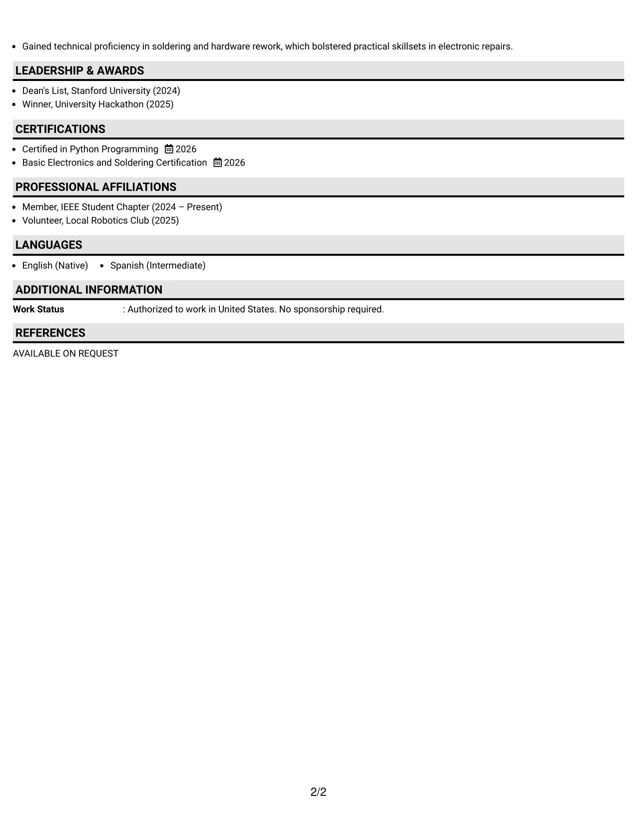 Resume Example Page 2