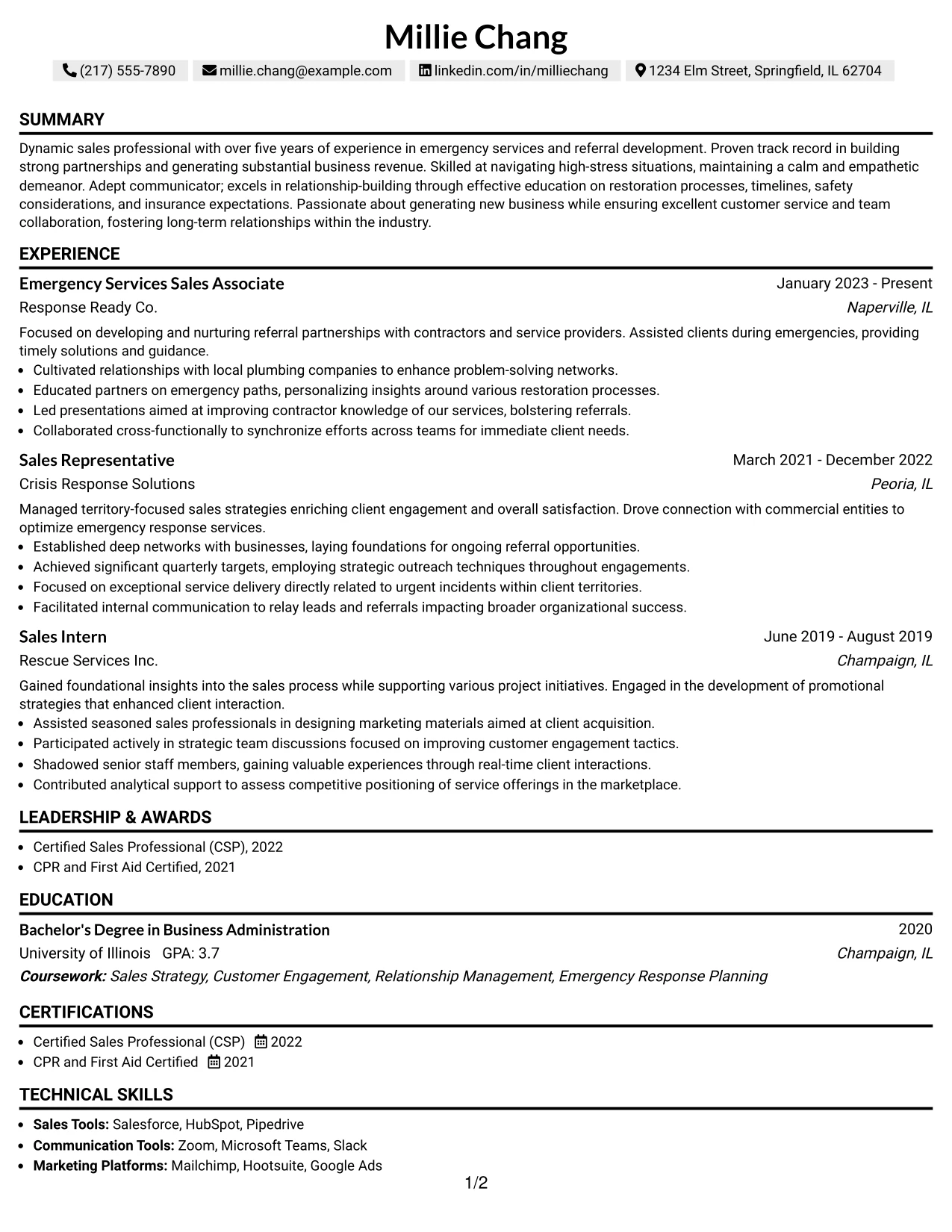 Resume Example Page 1