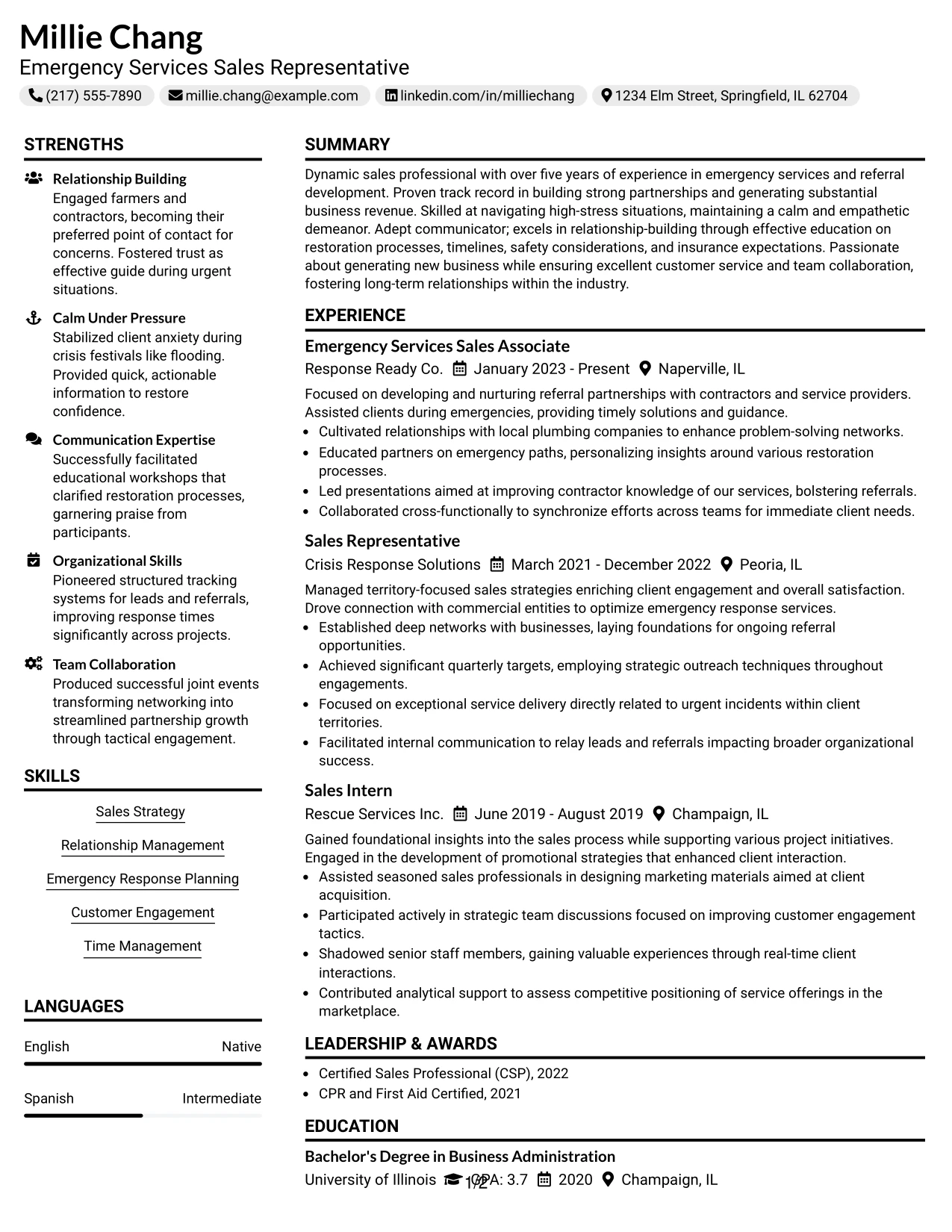 Resume Example Page 1