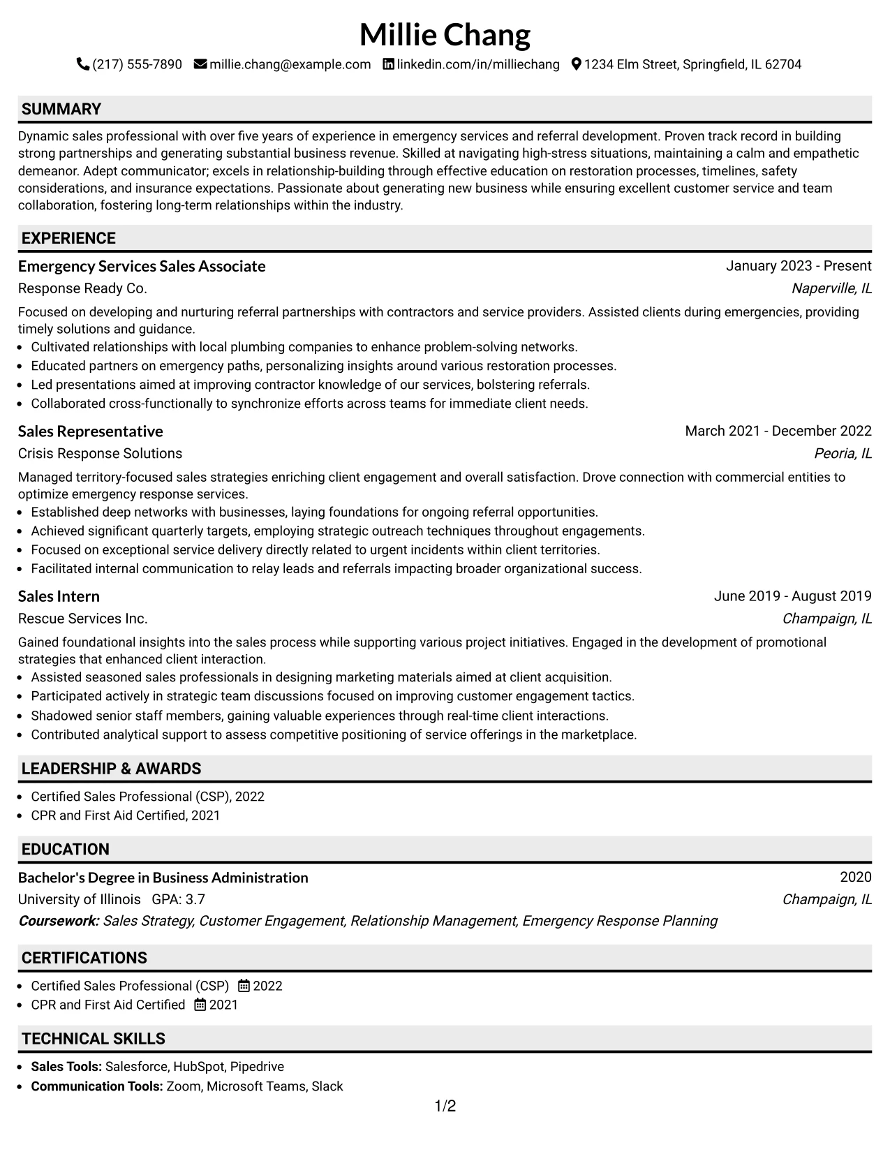 Resume Example Page 1