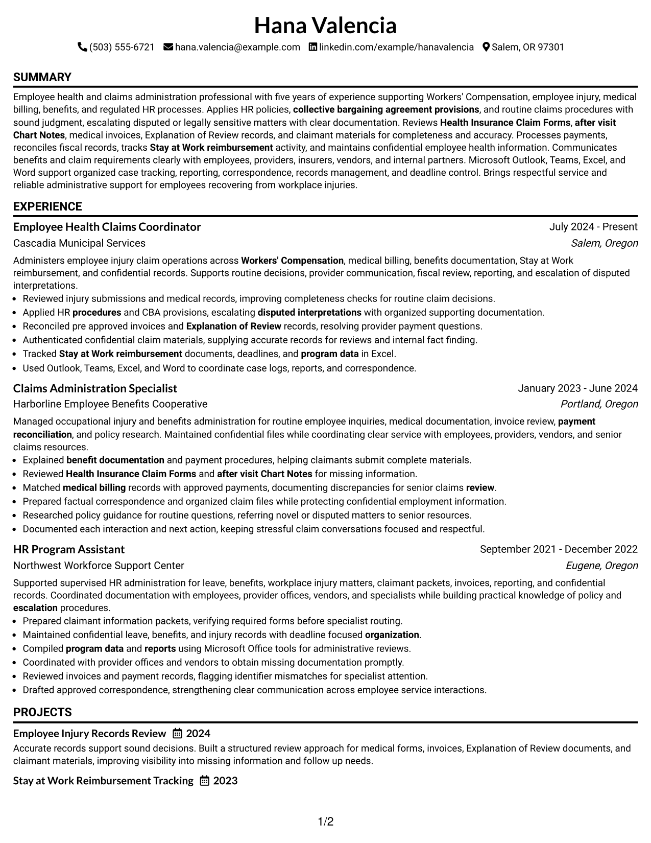 Resume Example Page 1
