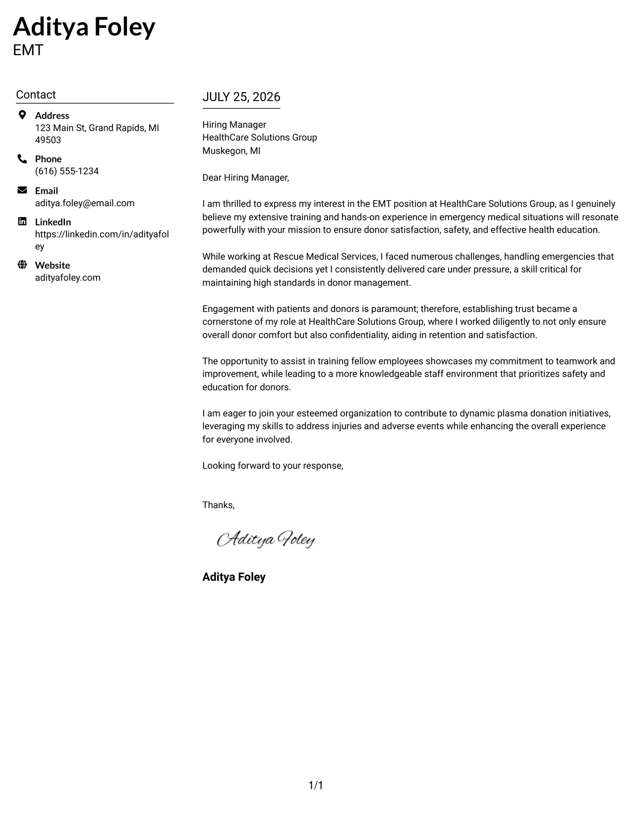 Resume Example Page 1