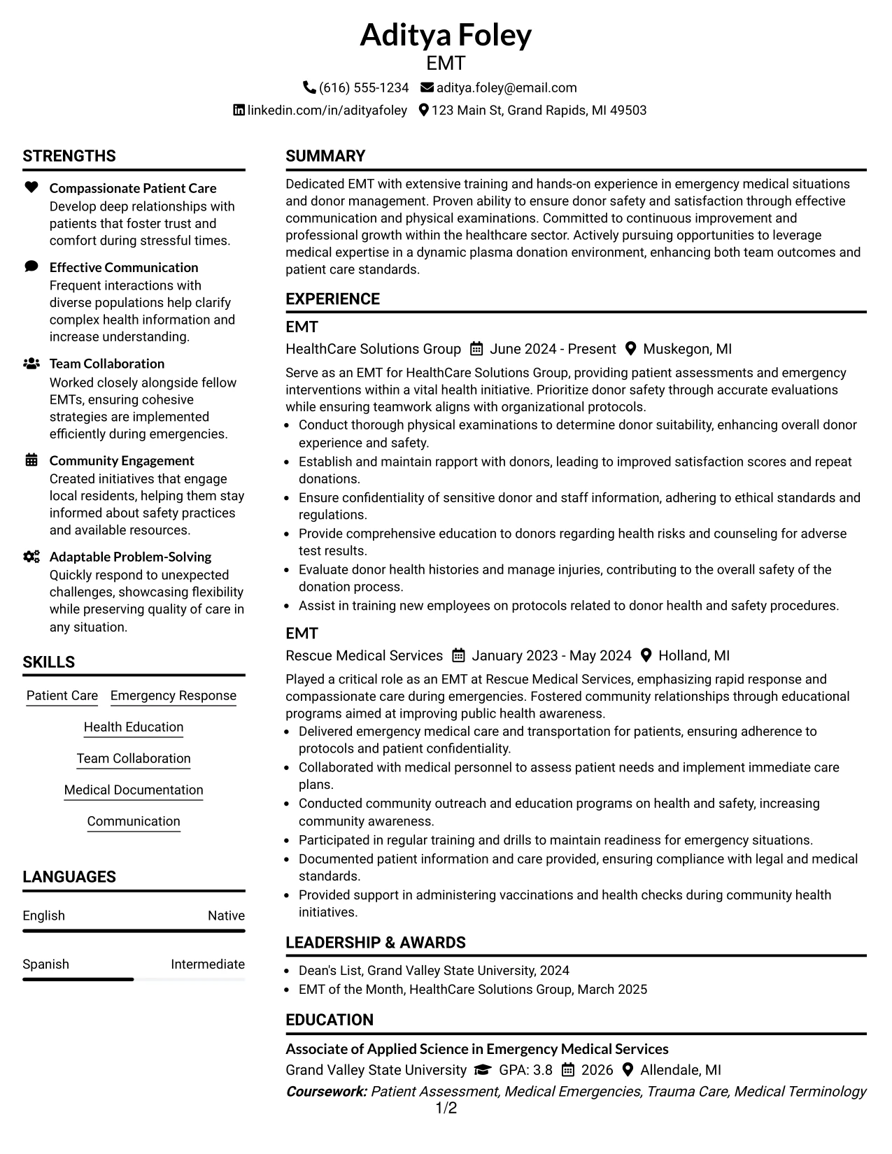 Resume Example Page 1