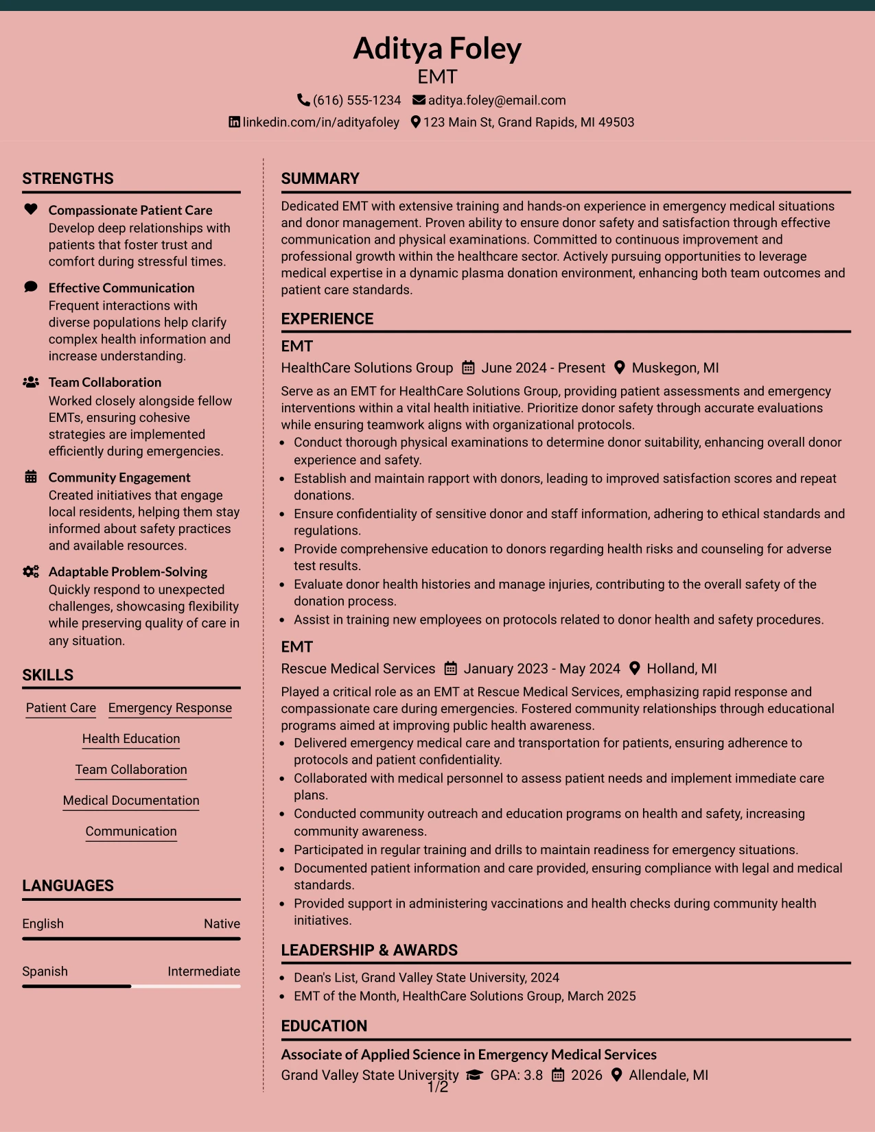 Resume Example Page 1