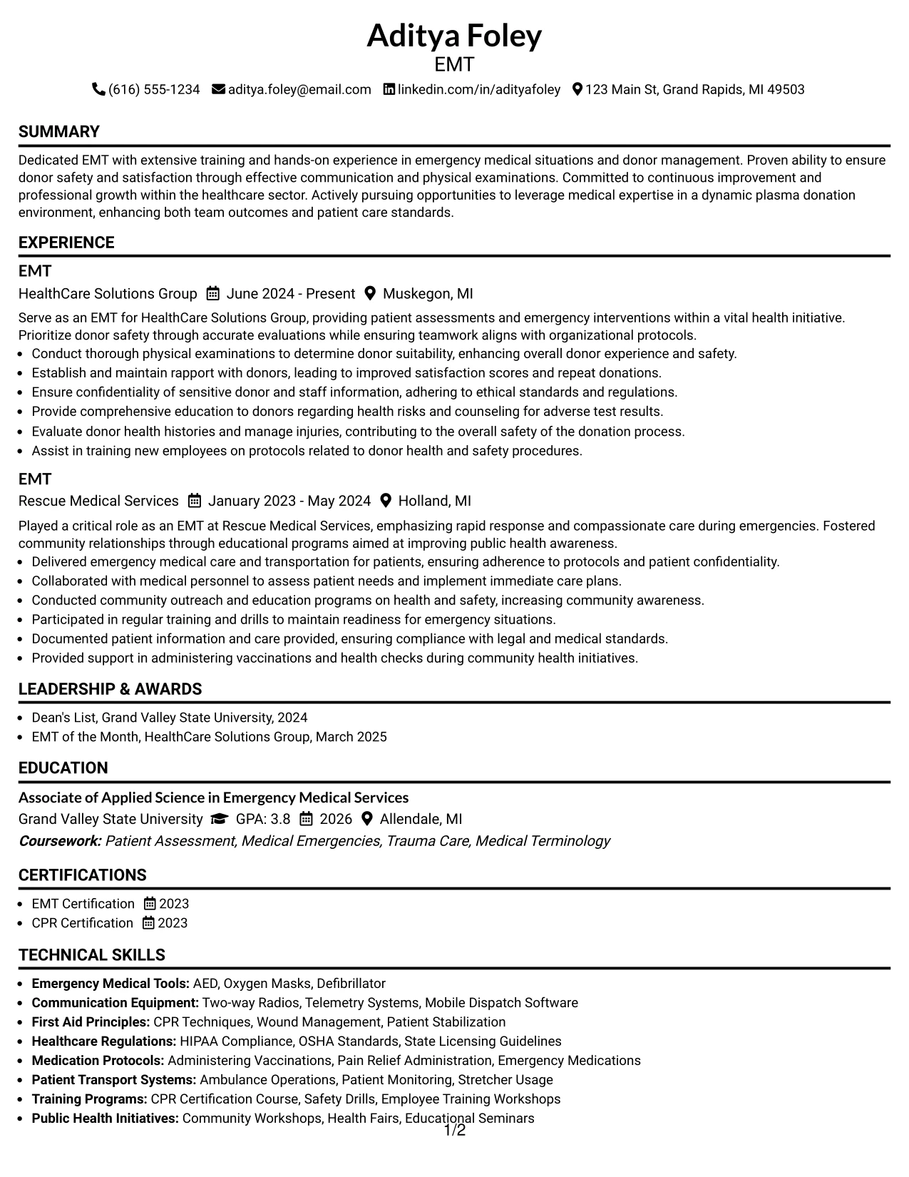 Resume Example Page 1