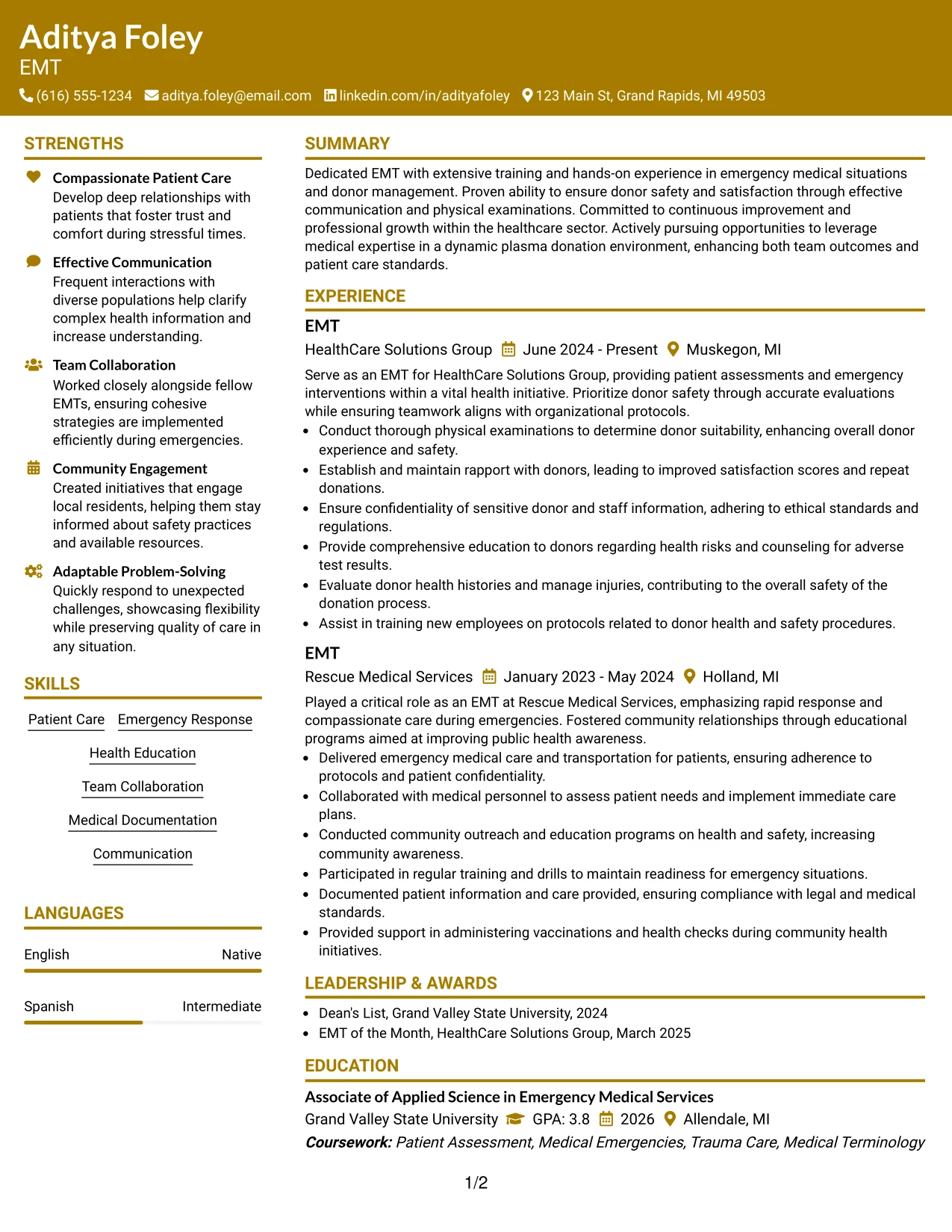 Resume Example Page 1