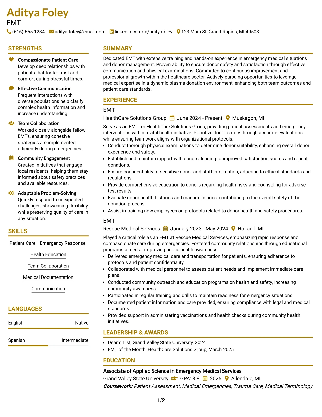 Resume Example Page 1