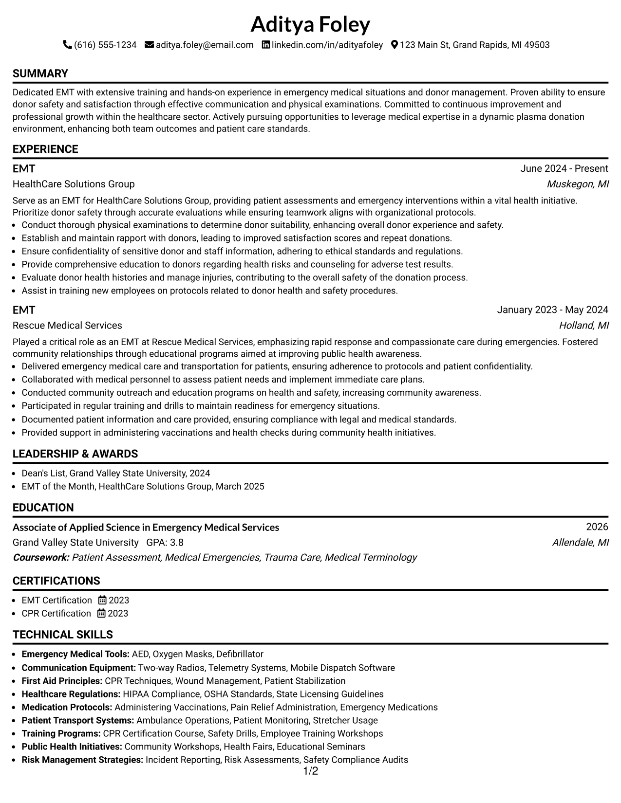 Resume Example Page 1