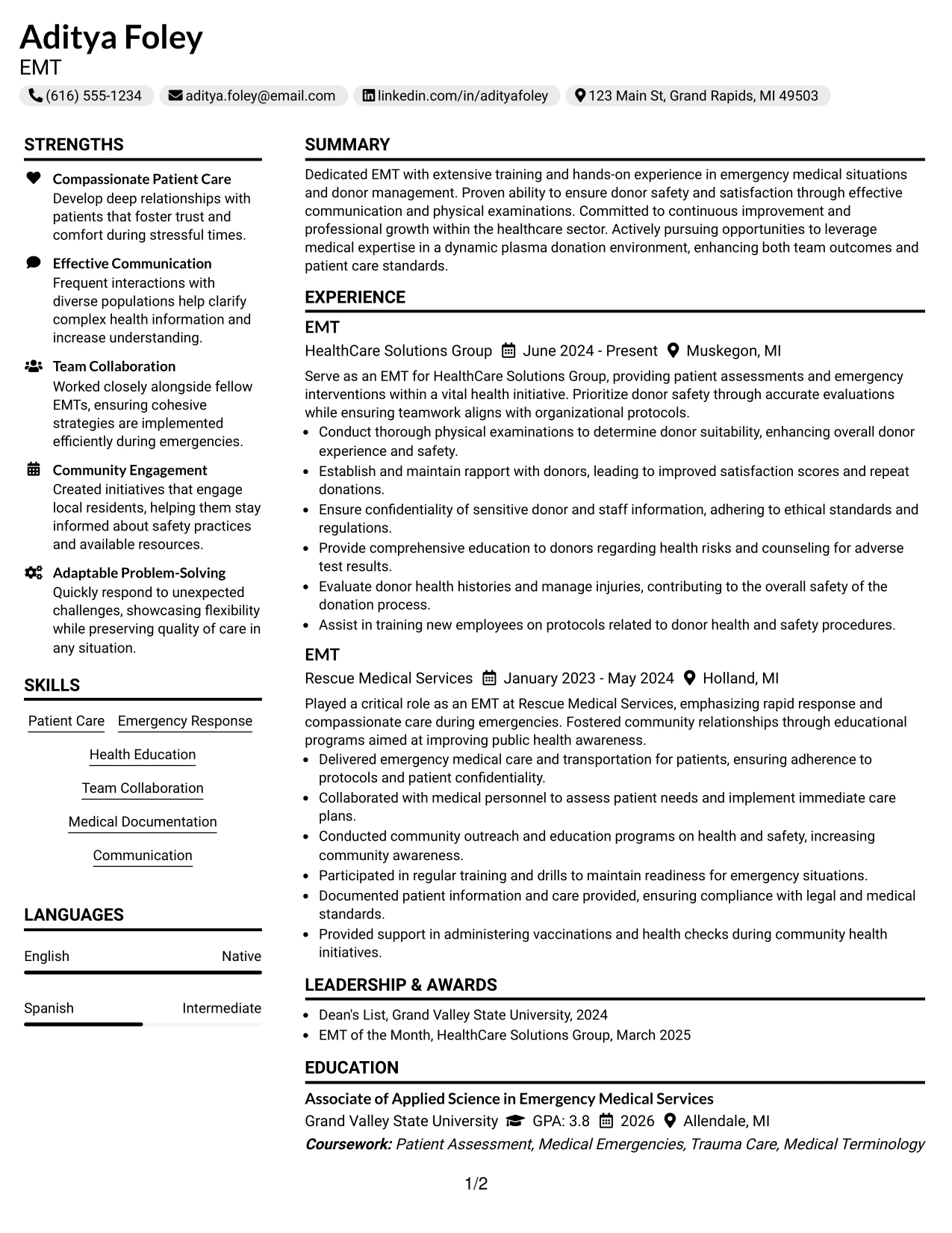 Resume Example Page 1