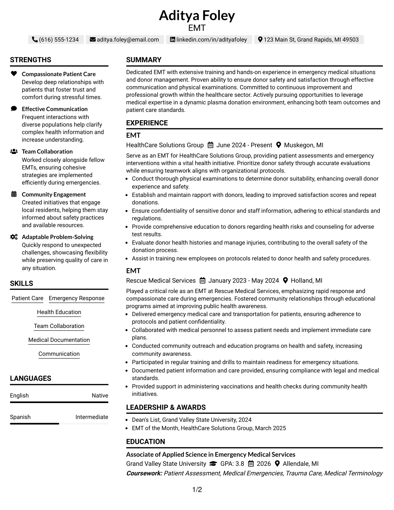 Resume Example Page 1