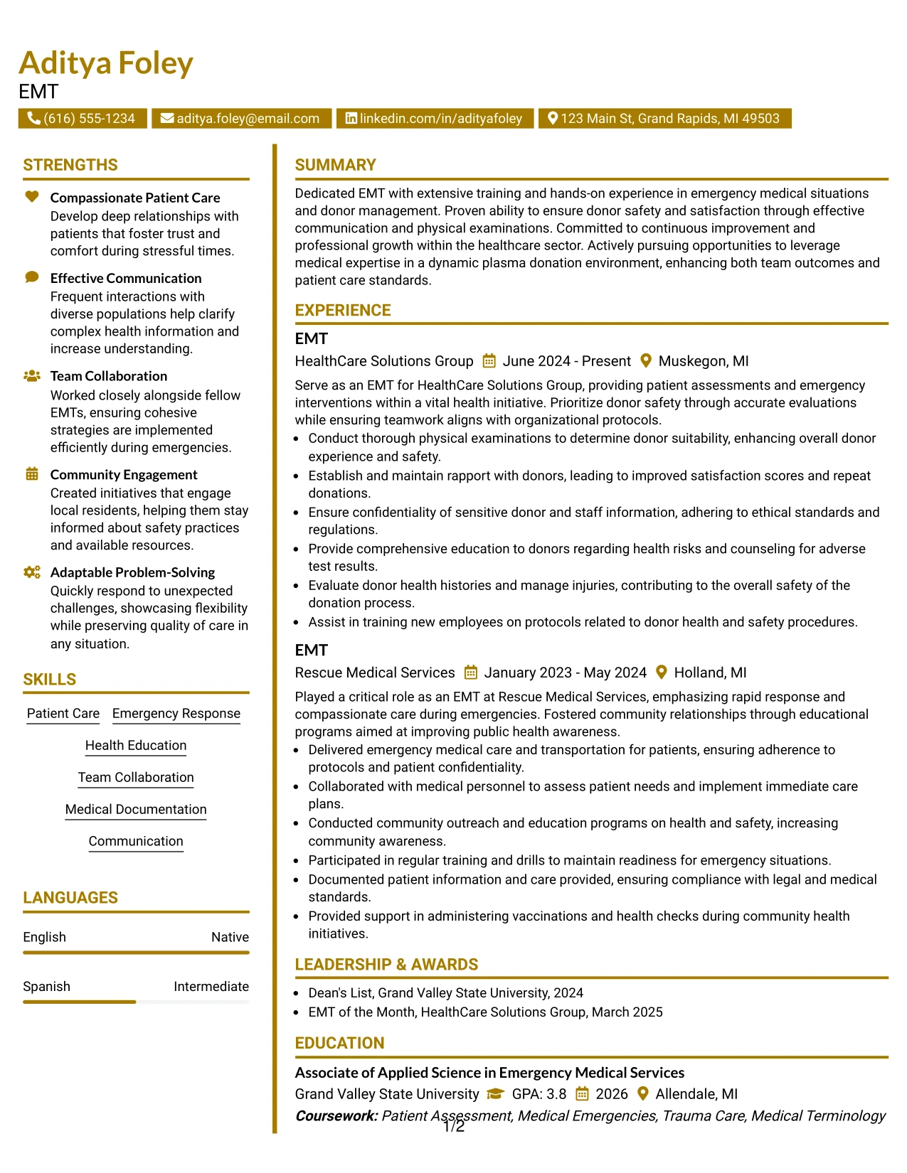 Resume Example Page 1