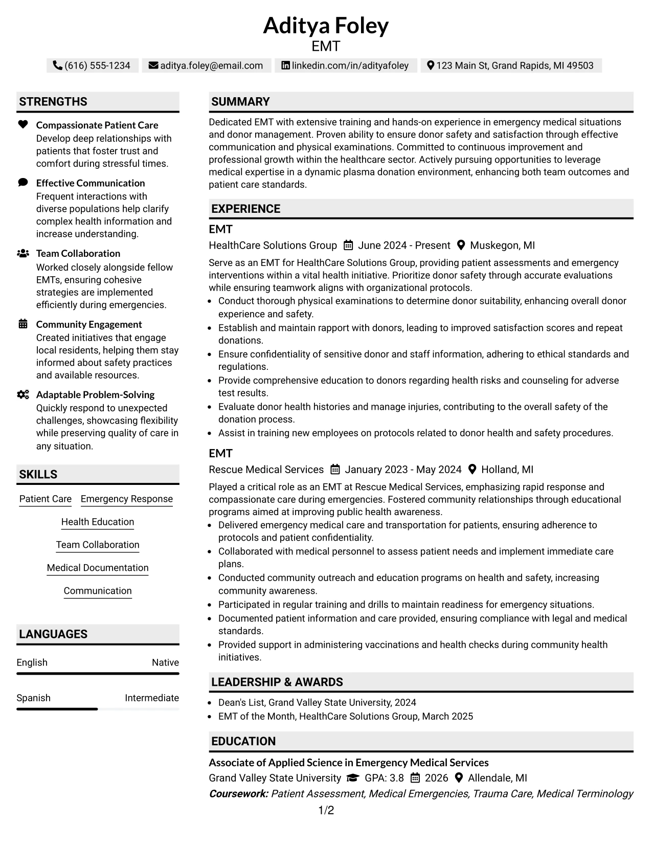 Resume Example Page 1
