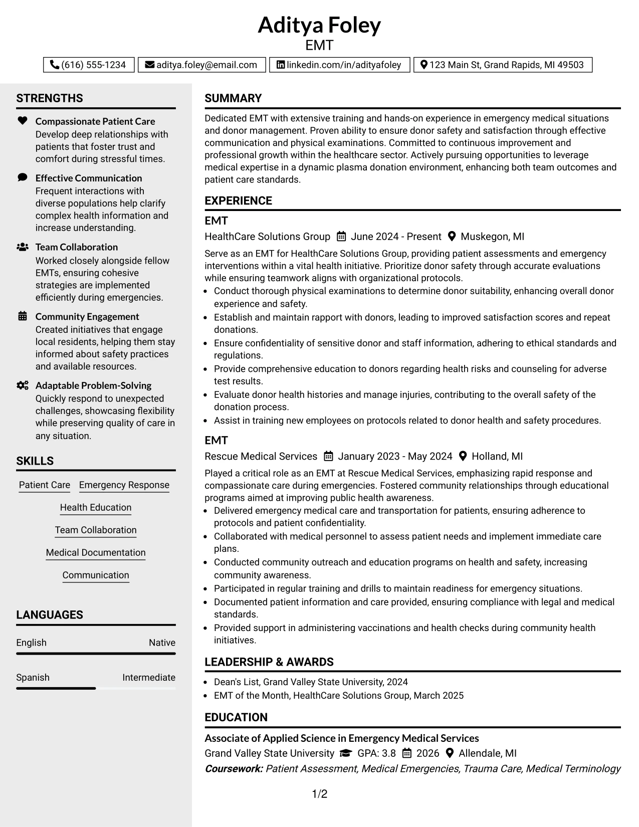 Resume Example Page 1