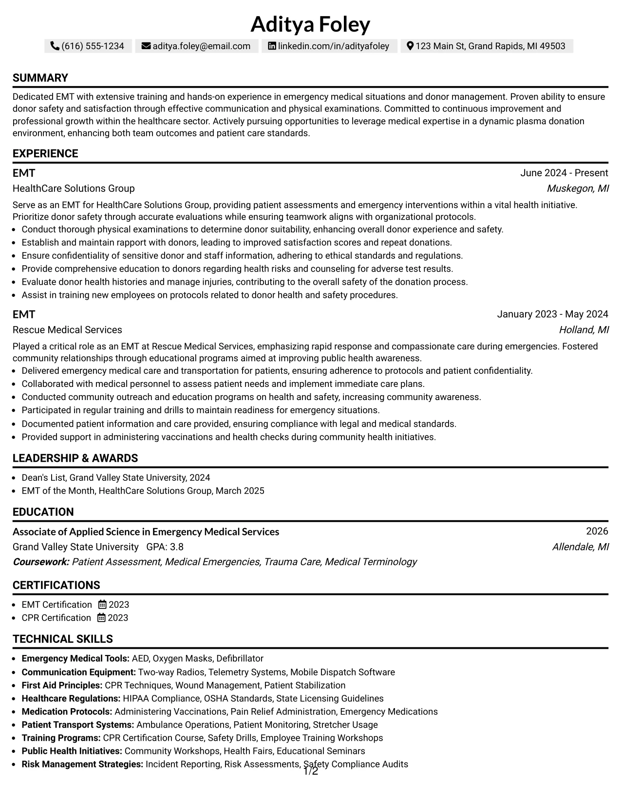 Resume Example Page 1
