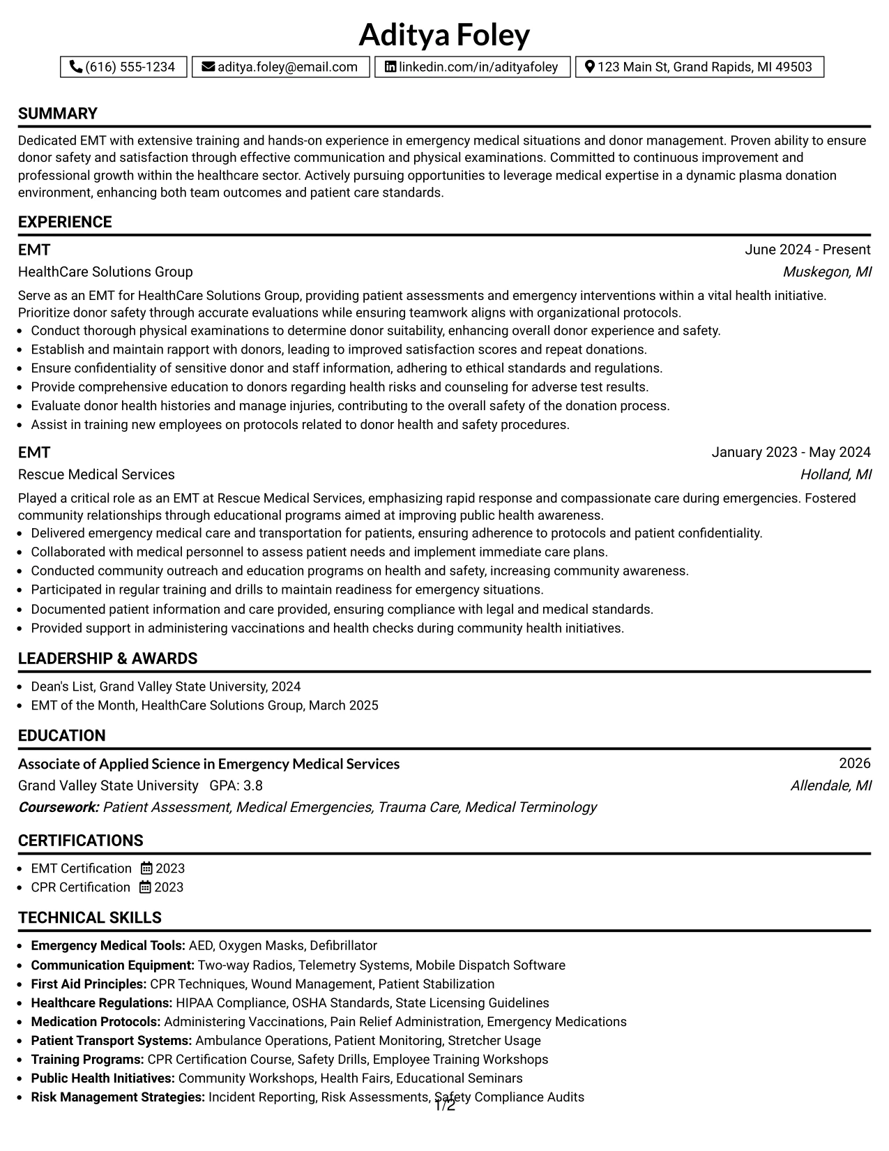Resume Example Page 1