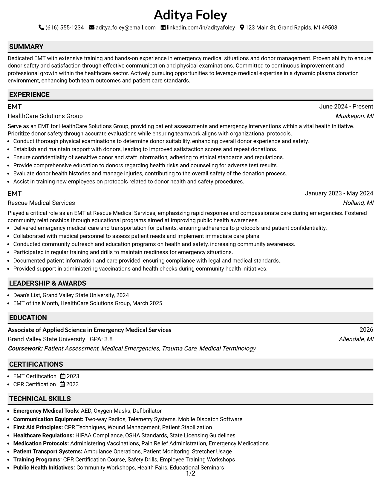 Resume Example Page 1