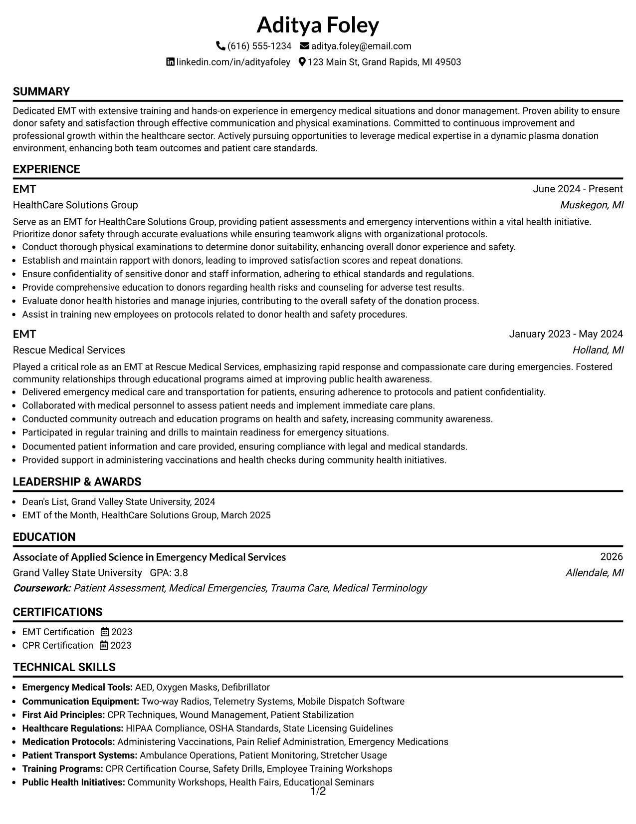 Resume Example Page 1
