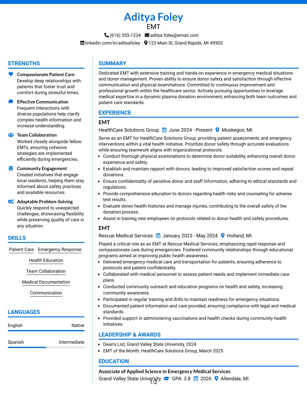 Resume Example Page 1