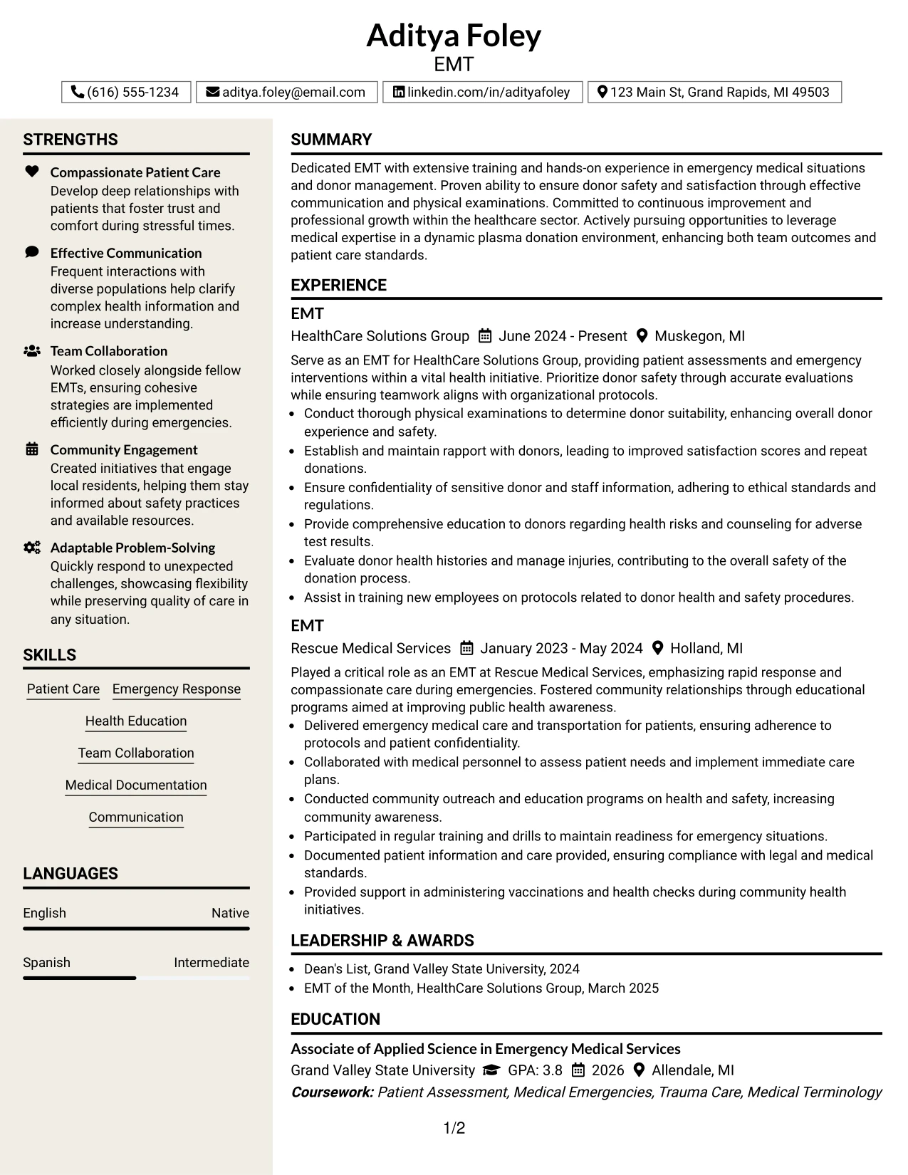Resume Example Page 1