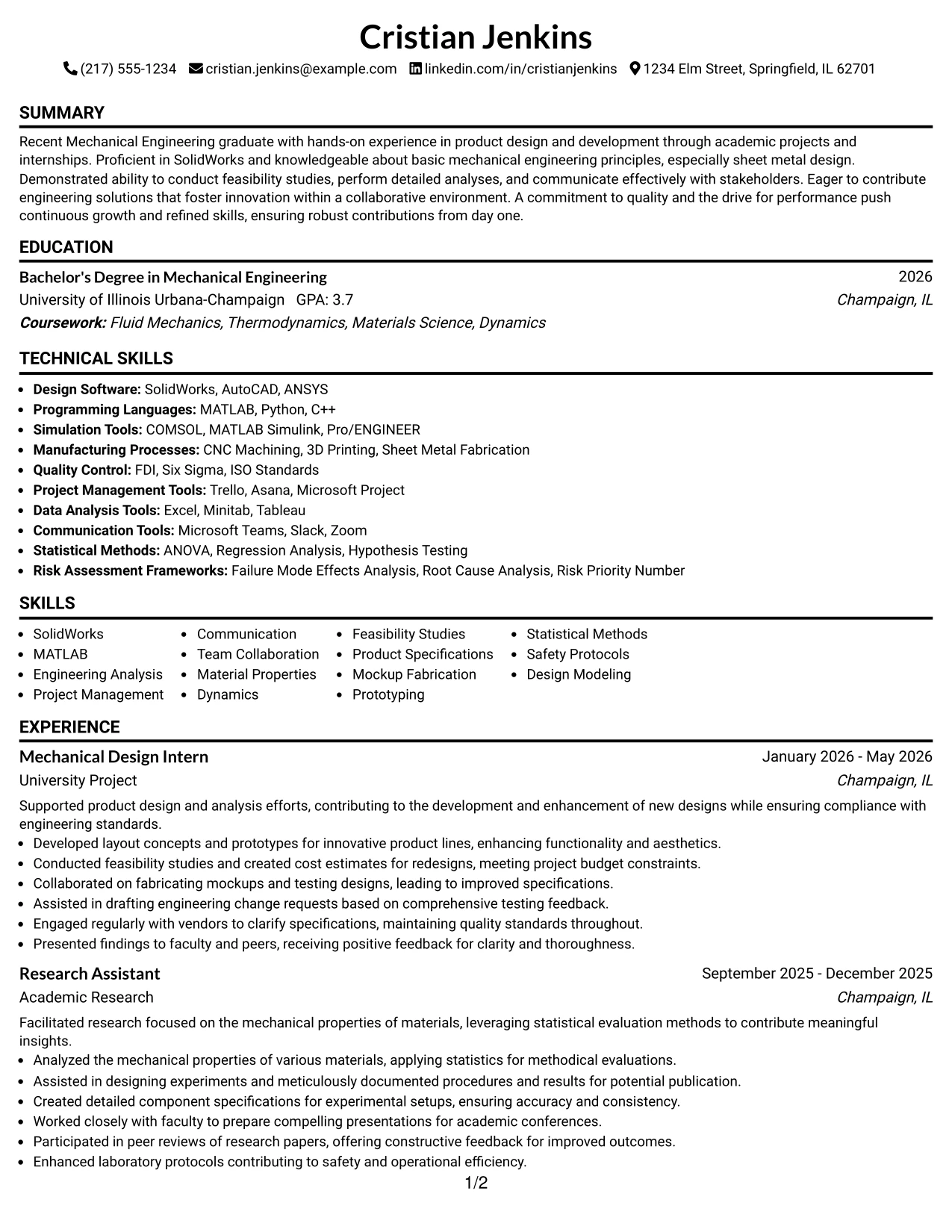 Resume Example Page 1