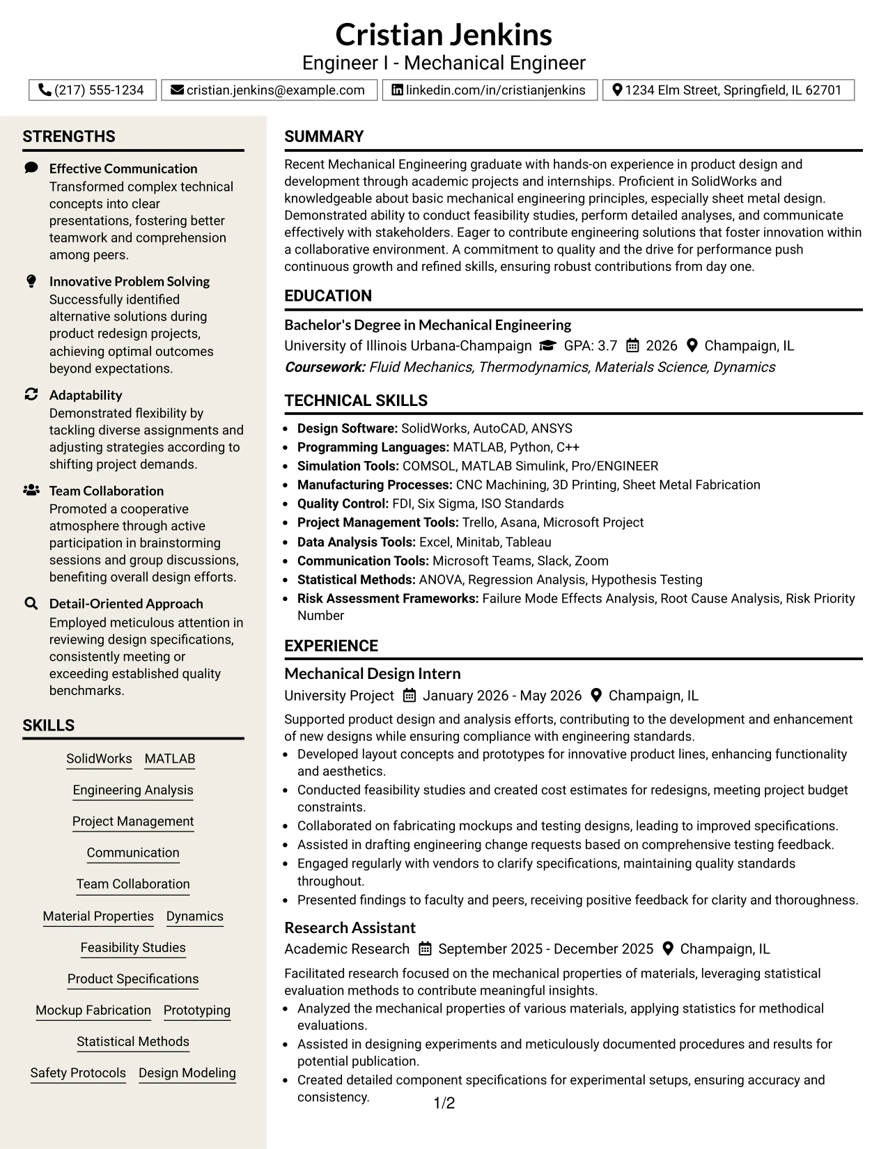 Resume Example Page 1