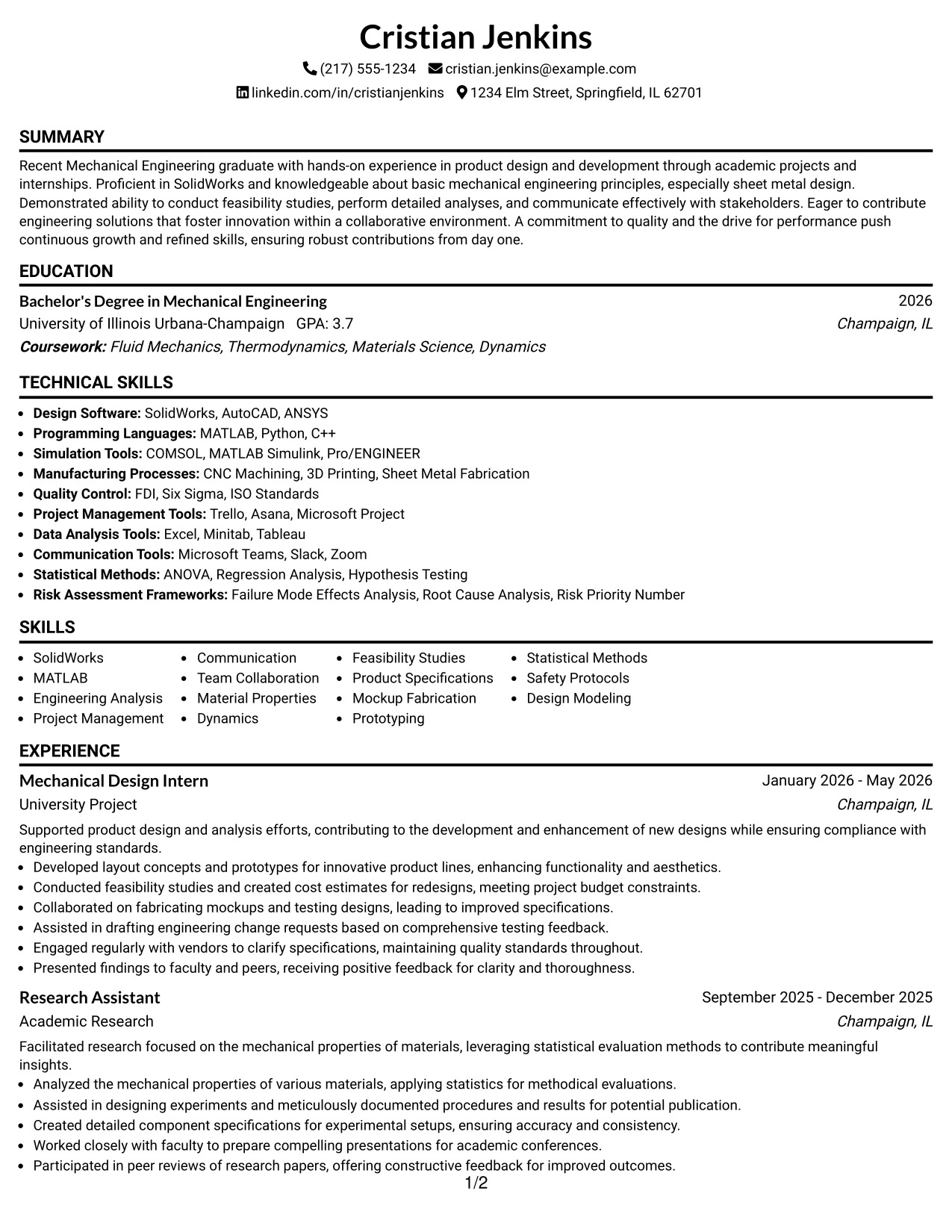 Resume Example Page 1