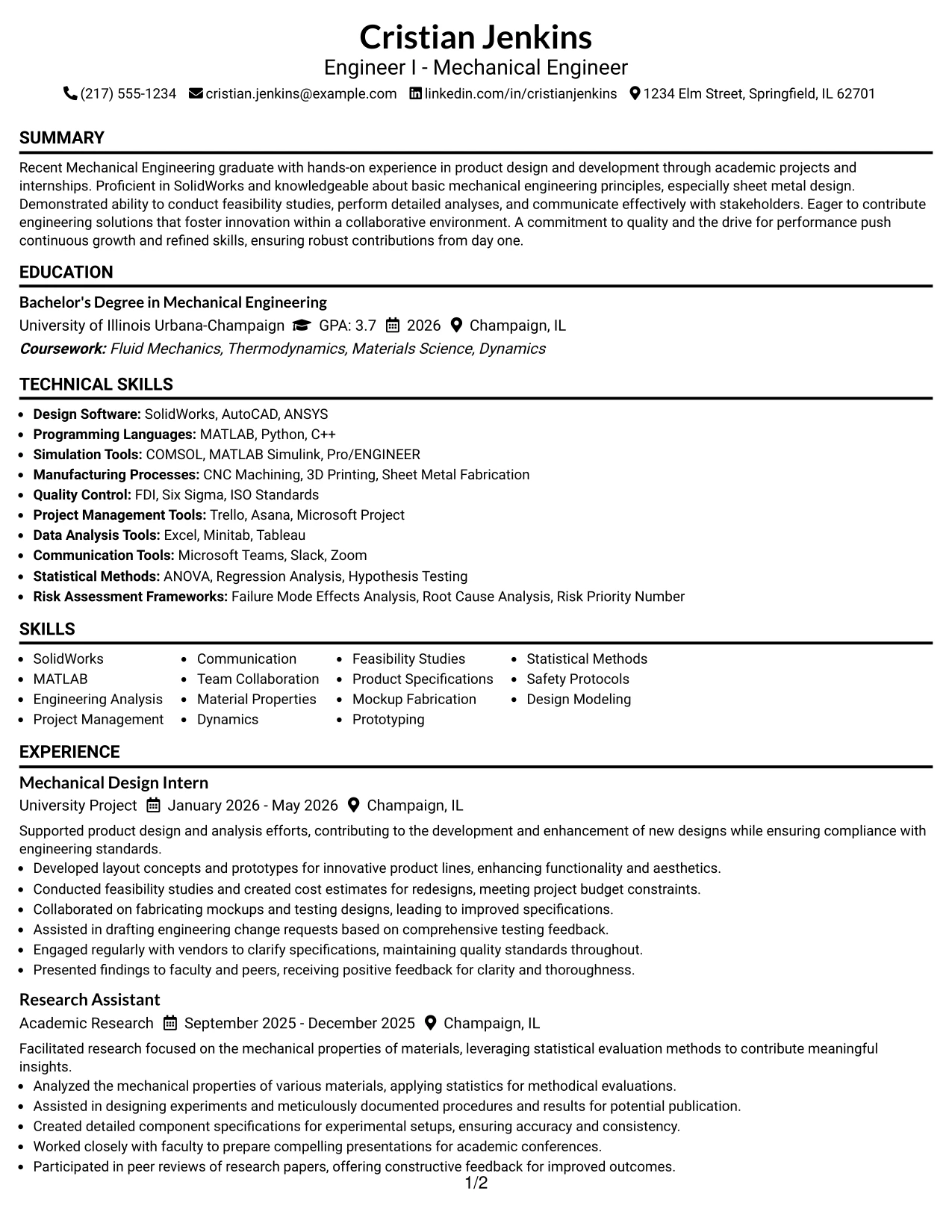 Resume Example Page 1